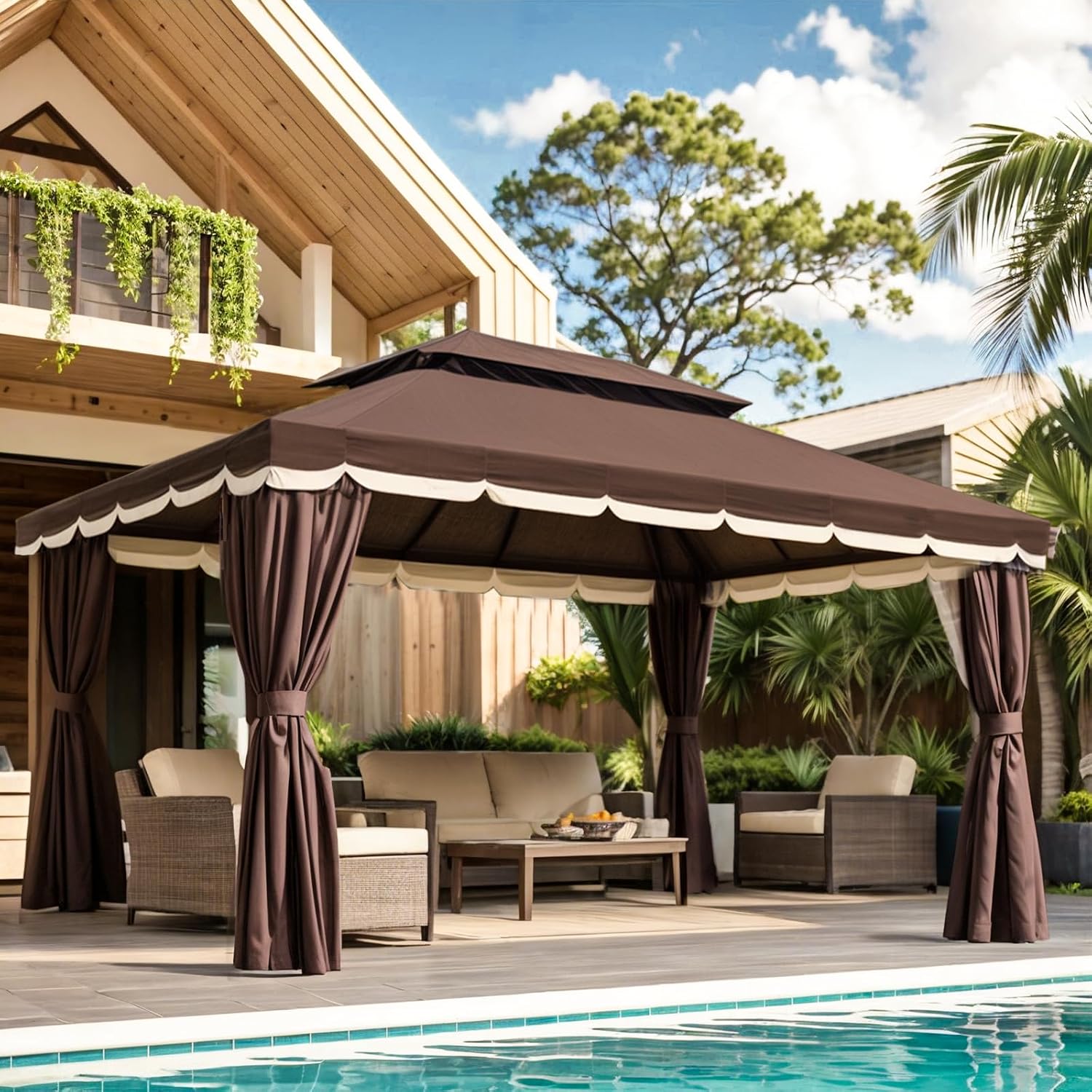 10x13 Gazebo for Patio, Outdoor Gazebo with Mosquito Netting & Curtains, Double Tier Roof Round Leg Marquee Canopy Shelter for Garden, Deck, Backyard, Lawn (D/DCO)
