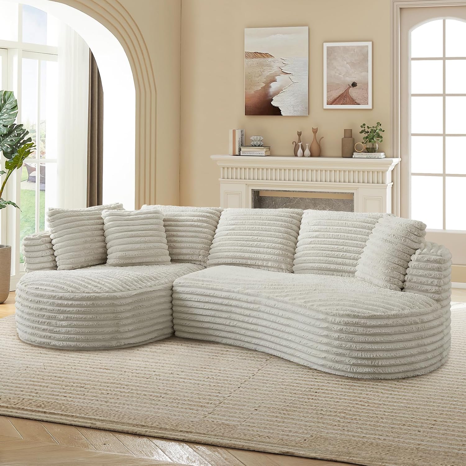 120'W Oversized Modern Curved Cloud Couch,Corduroy Modular Sectional Sofa with Chaise, L Shaped Boneless Couch, Compression Foam Sofa for Living Room Bedroom, No Assembly Required(Left Facing, Cream)