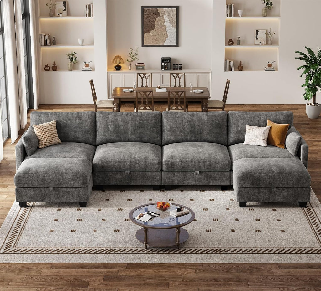 Modular Sectional U Shaped Sofa Couches for Living Room, Cloud Couch with Storage Ottoman, Comfy Chenille Sofa with Pillow, Dark Gray | Comfort, Ease of assembly, Softness, Good Quality, Storage Capacity, Sturdiness