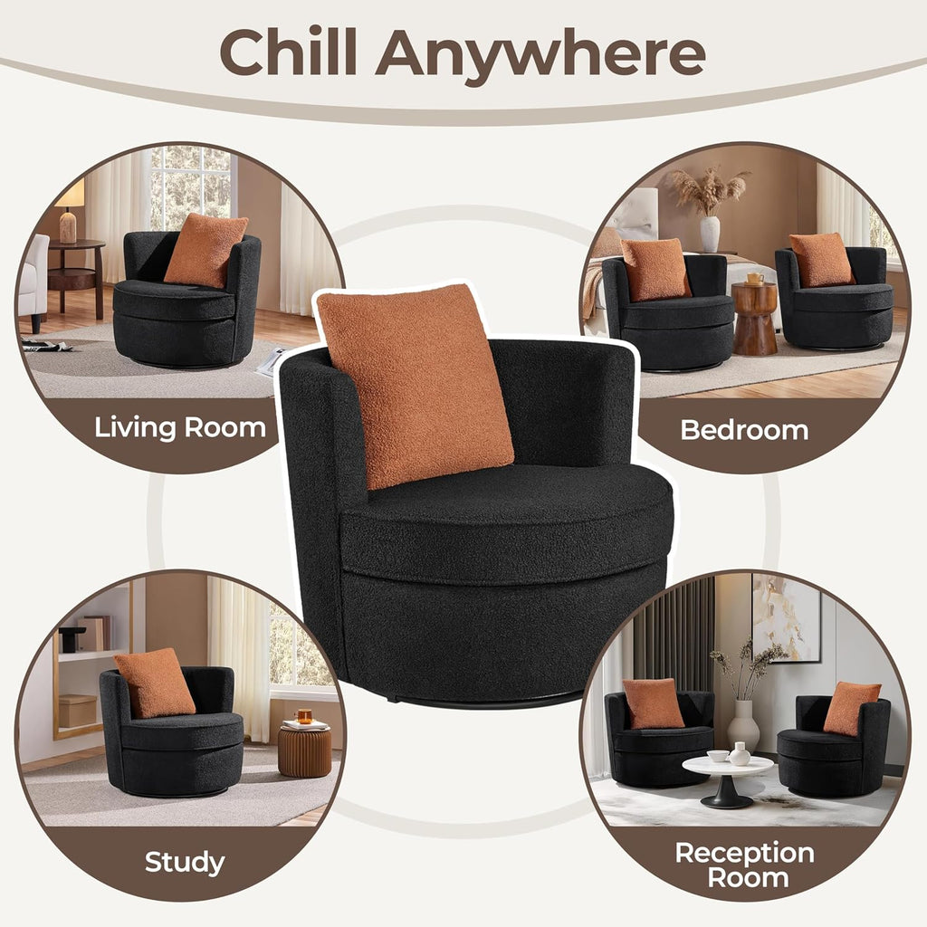 Yaheetech Swivel Barrel Accent Chair, 360 Degree Swivel Round Chairs with Removable Throw Pillow, Soft Boucle Single Arm Sofa for Living Room Bedroom Reading, Black