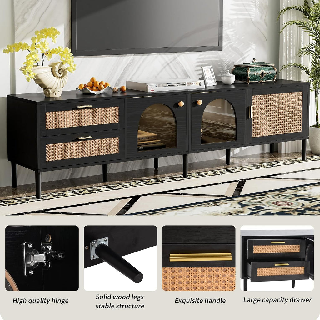 Merax LED TV Stand for TVs up to 80', Boho Entertainment Center with Rattan Decor, Multi-Functional Media Console & 3 Storage Cabinets and 2 Drawers for Living Room, Bedroom, Home Theatre, Black