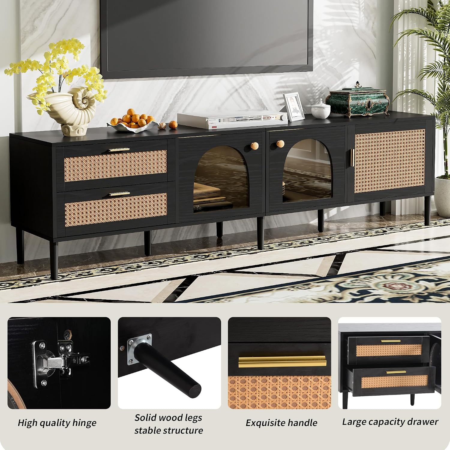 Merax LED TV Stand for TVs up to 80', Boho Entertainment Center with Rattan Decor, Multi-Functional Media Console & 3 Storage Cabinets and 2 Drawers for Living Room, Bedroom, Home Theatre, Black