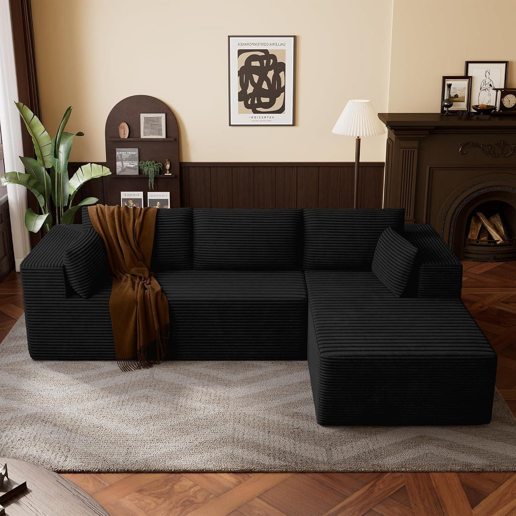 106' Cloud Sectional Boneless Couches for Living Room, Modular L Shaped Couch with Deep Seat Oversized Right Facing Chaise, Memory Foam Compressed Spineless 3 Seater Sofa for Apartment, Black