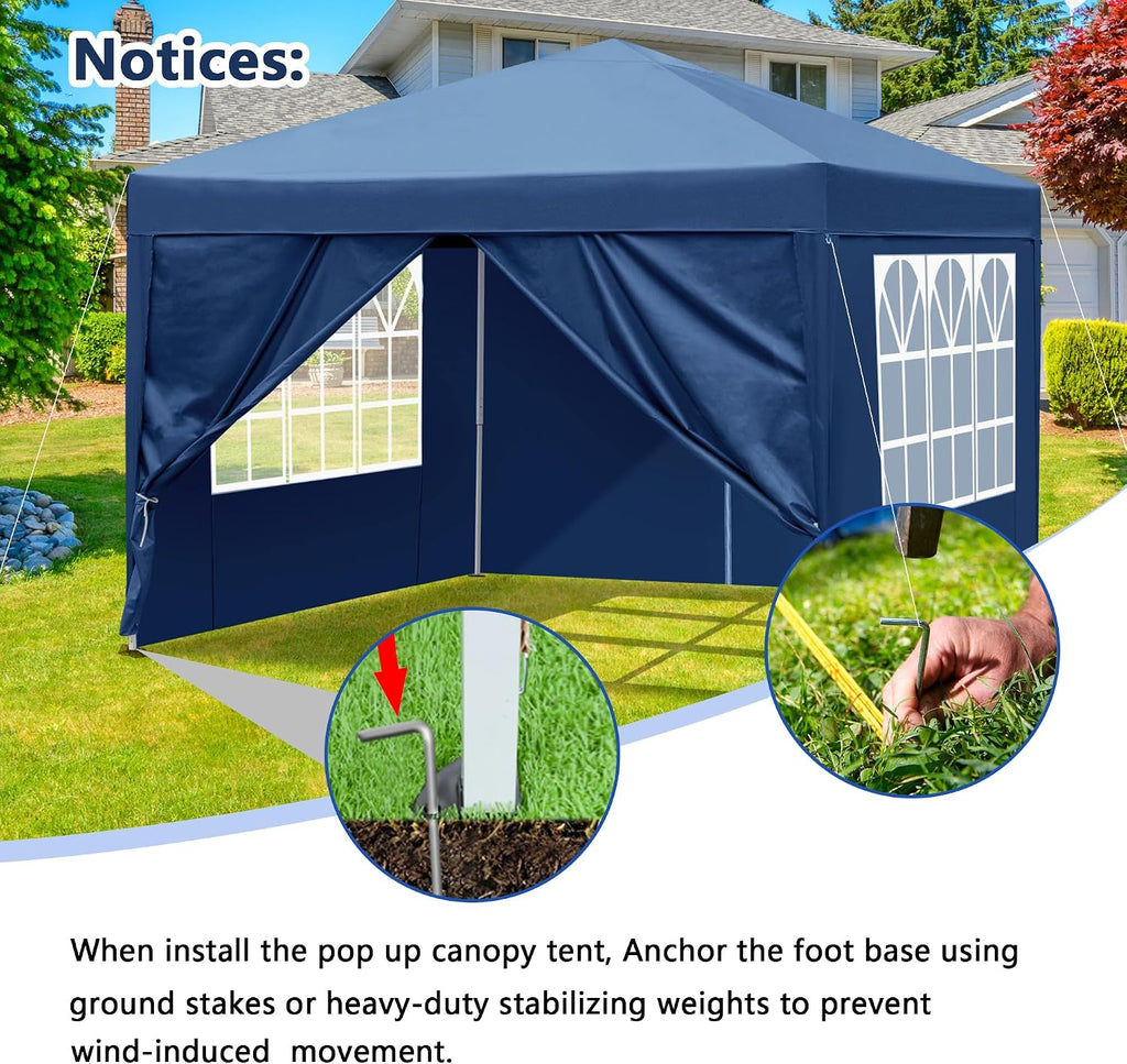 10x10 Pop Up Canopy Tent with Sidewalls, 3 Height Adjustable Beach Tent with Carrying Bag, 8 Stakes & 4 Ropes, Easy Set Up Gazebo for Events, Party, Wedding (10x10FT Blue with 4Sidewalls)
