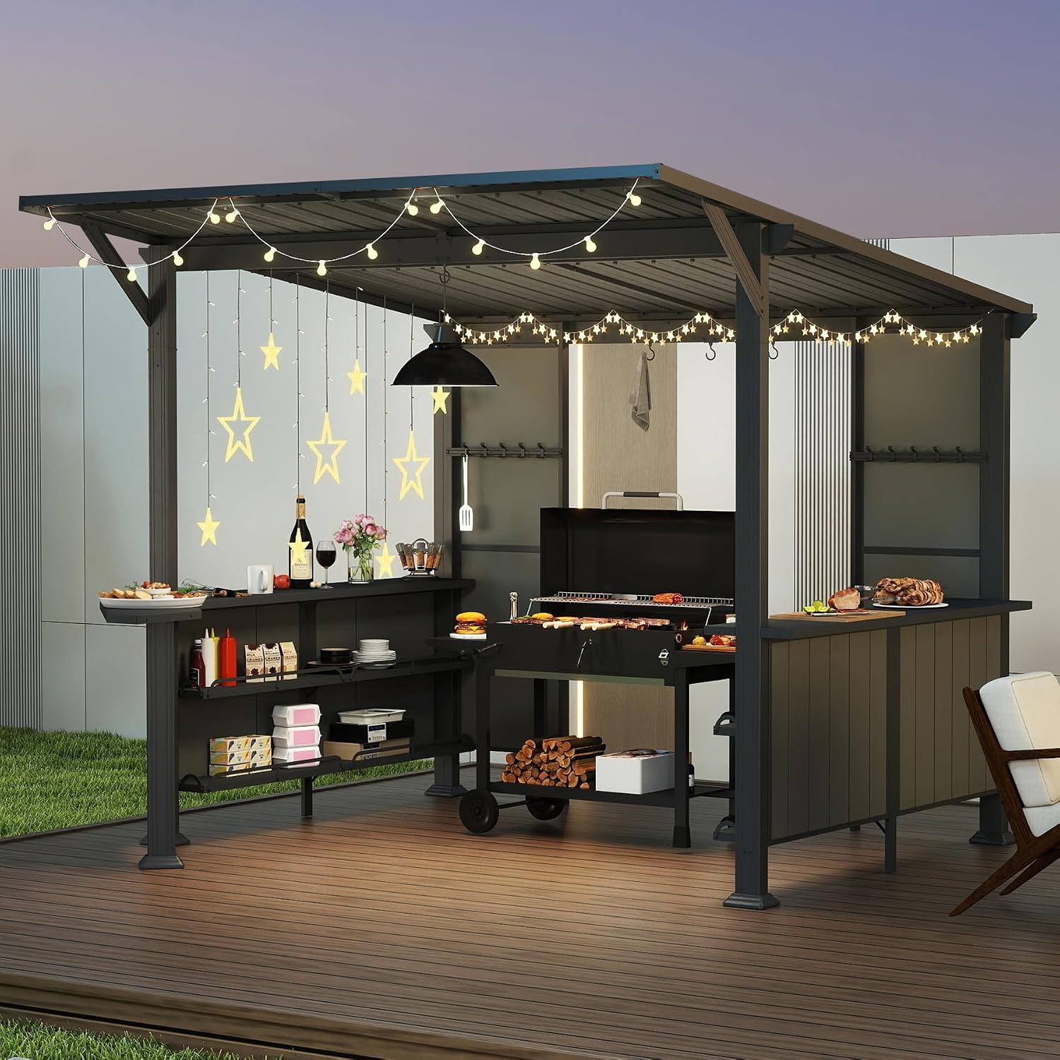 Domi 9x10FT Grill Gazebo Hardtop, BBQ Gazebo for Outdoor Grill with Storage Shelves and Expansion Platform, Metal Permanent Lean-to Canopy for Patio Backyard Lawn, Grey