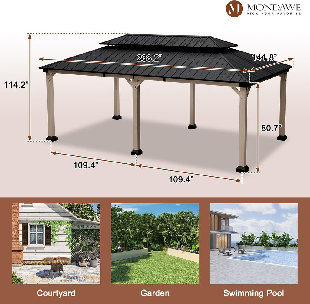 Cedar Wood Gazebo 12x20Ft Hardtop Gazebo, Outdoor Permanent Gazebo Pergola with Galvanized Steel Double Roof Pavilion for Patio Lawn Garden - Beverly Hills Serie