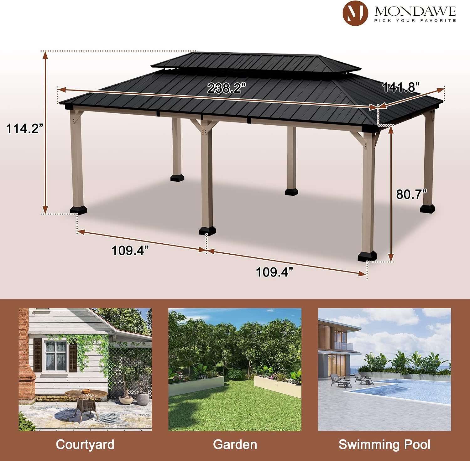 Cedar Wood Gazebo 12x20Ft Hardtop Gazebo, Outdoor Permanent Gazebo Pergola with Galvanized Steel Double Roof Pavilion for Patio Lawn Garden - Beverly Hills Serie