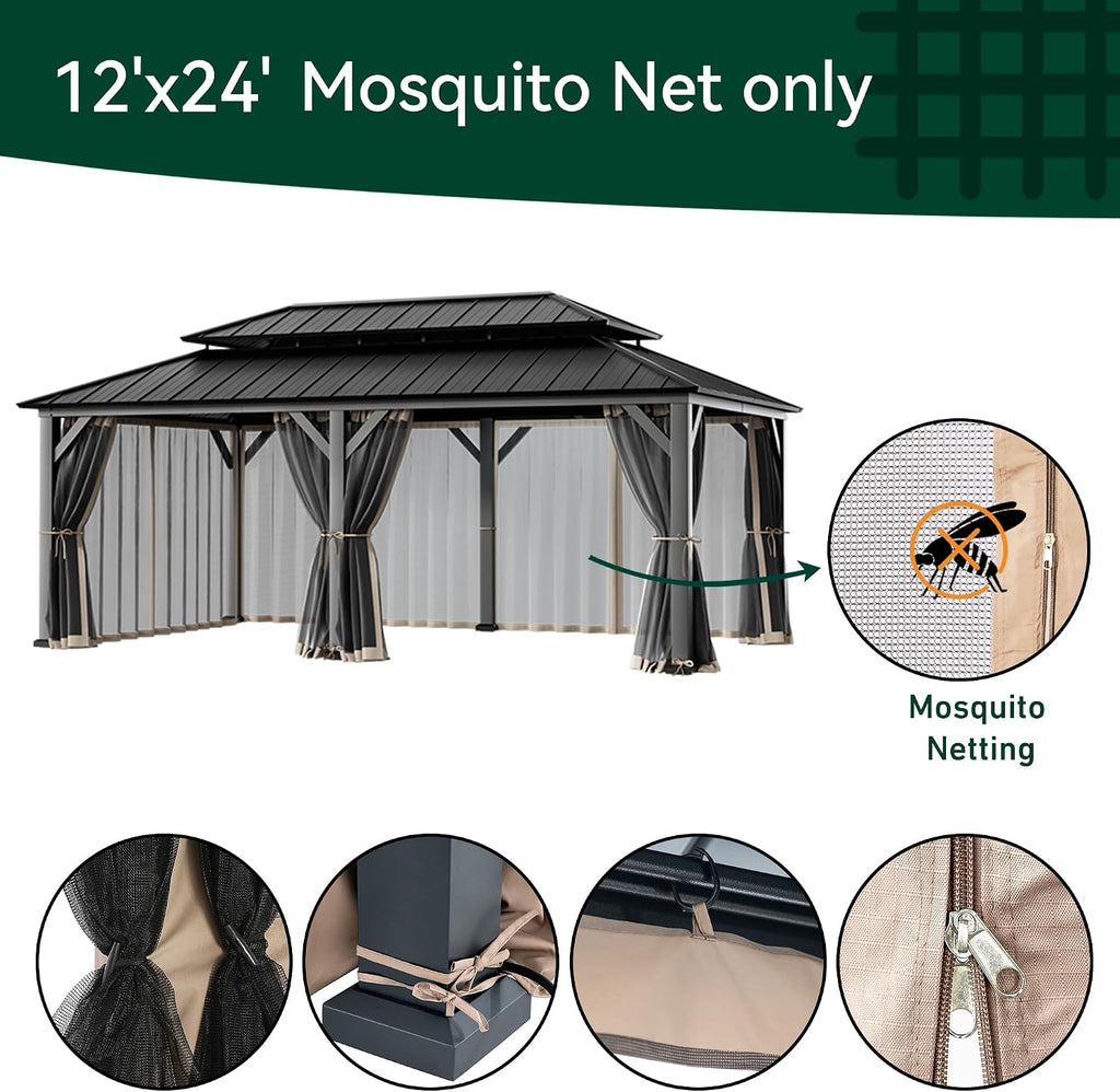 Covered Outdoor Gazebo Mosquito Netting Replacement Universal 6-Panel Sidewalls 12' x 24', Outdoor Gazebo Mosquito Nettings with Double Zipper, Replacement for Patio Canopy, Garden (Mosquito Net Only)