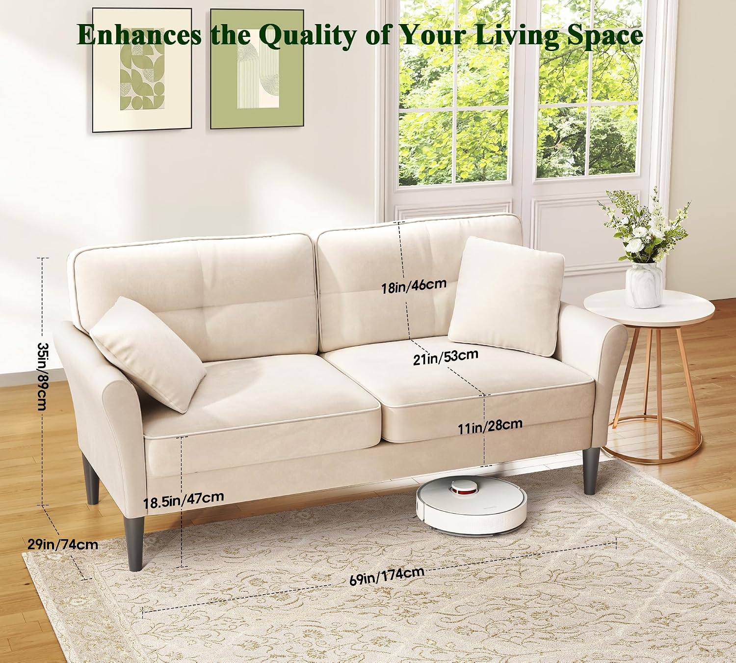 Loveseat Sofa, 69' Love Seat Couches, Comfy Velvet Small Couches for Small Spaces with 2 Pillows, Tool-Free Setup Sofas & Couches, 700lb Load Sofas for Living Room, Mini Couch for Bedroom, White Couch