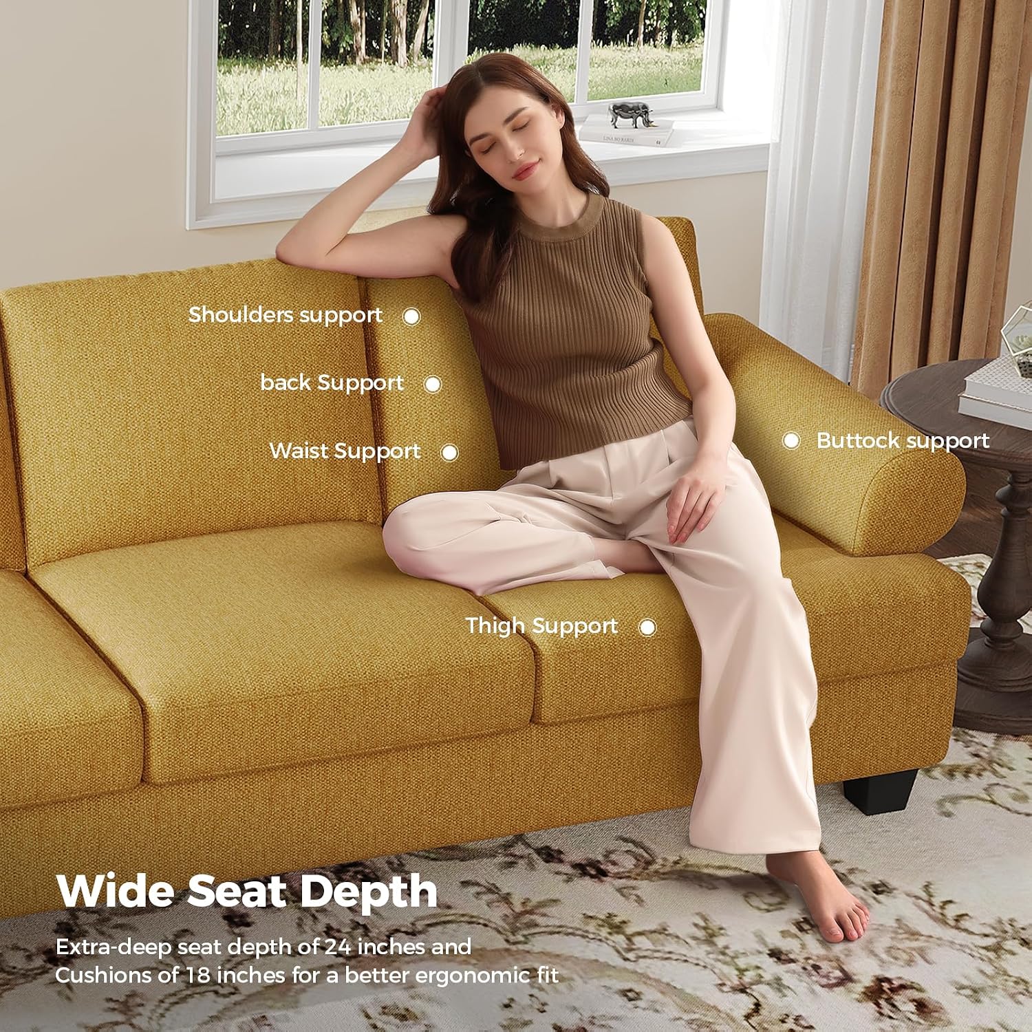 COPIAE 91 Inch Lawson Sofa with Extra Deep Seats Oversize, Mid-Century 3-Seat Sofa Couch, for Living Room, Apartment, Lounge, Yellow