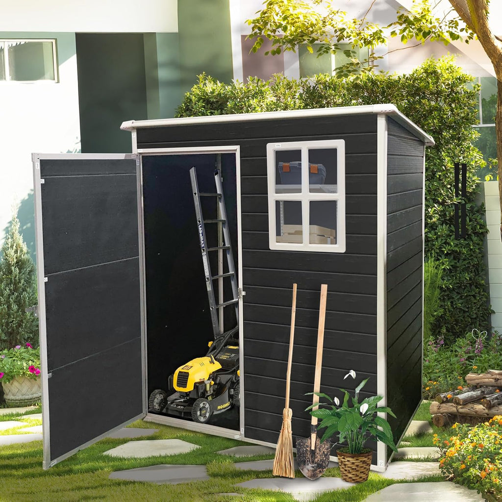 5X3 ft Outdoor Resin Storage Shed with Floor and Windows, Waterproof Plastic Garden Shed with Lockable Door and Air Vents, All-Weather Tool Sheds for Backyard, Patio, Lawn (Black)
