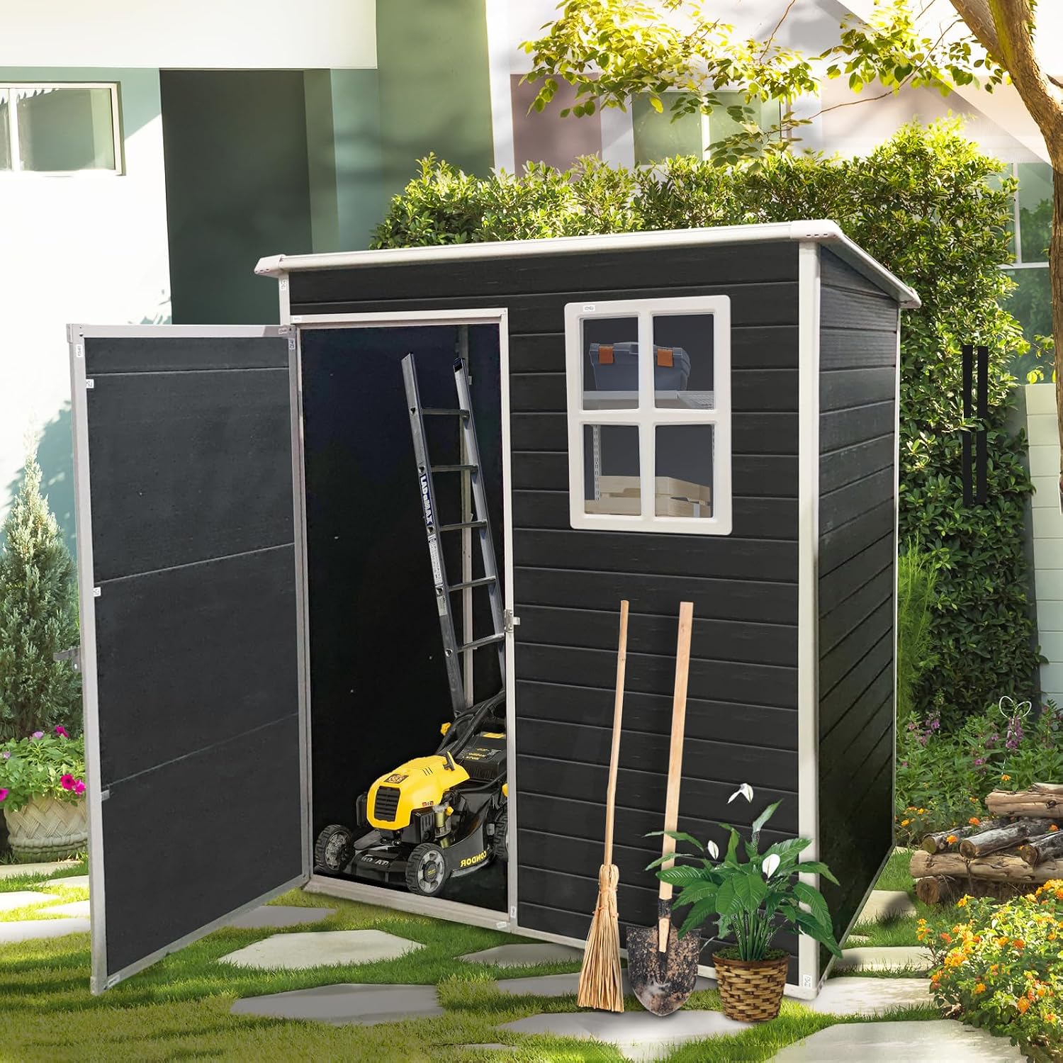 5X3 ft Outdoor Resin Storage Shed with Floor and Windows, Waterproof Plastic Garden Shed with Lockable Door and Air Vents, All-Weather Tool Sheds for Backyard, Patio, Lawn (Black)