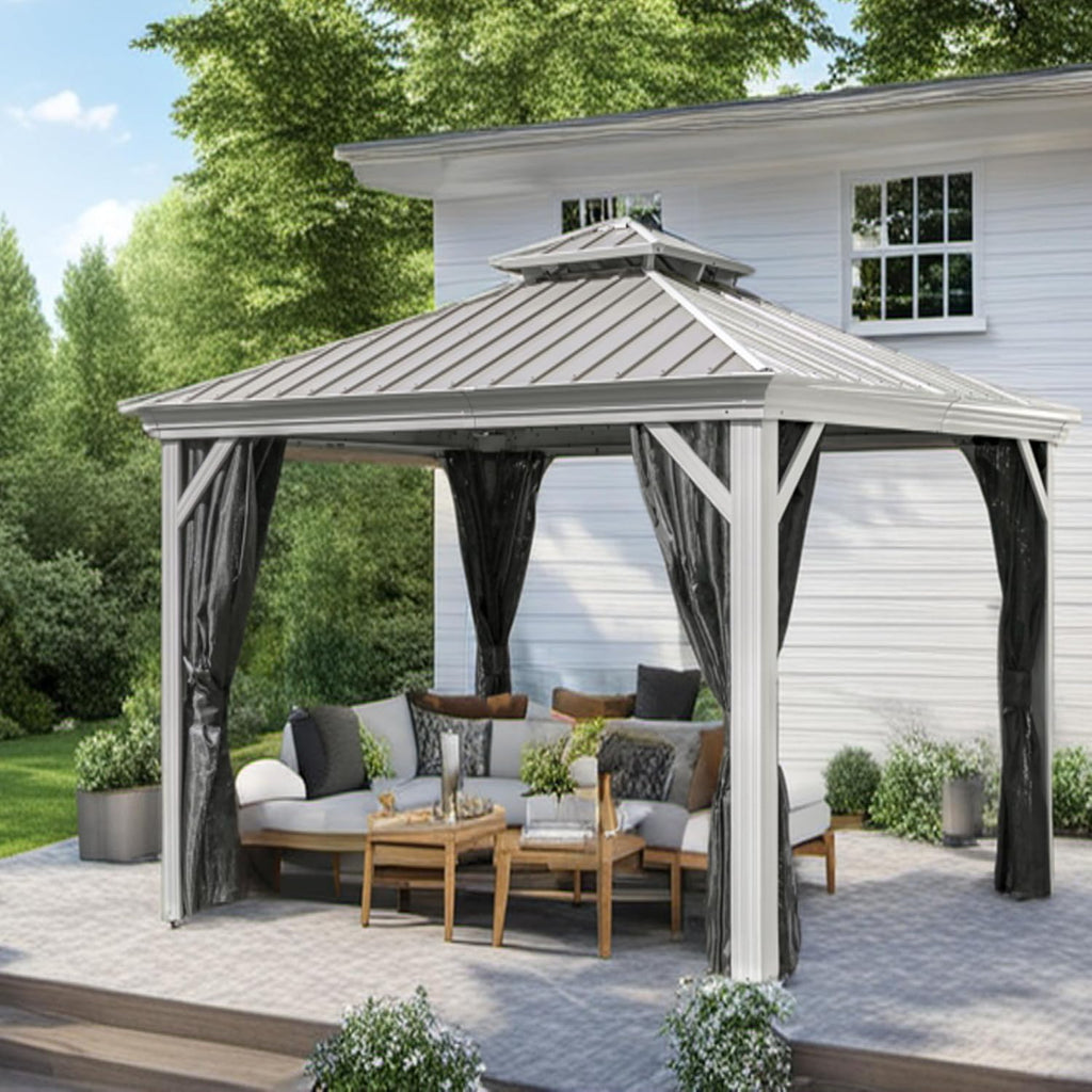 Hardtop Gazebo with Galvanized Steel Double Roof, Rustproof Aluminum Frame, Privacy Netting, and All-Weather Outdoor Shelter, Beige (10x10)