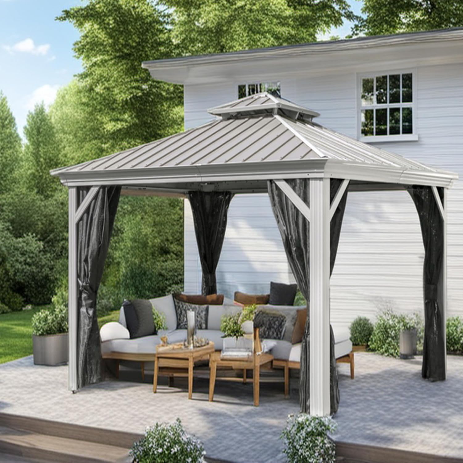 Hardtop Gazebo with Galvanized Steel Double Roof, Rustproof Aluminum Frame, Privacy Netting, and All-Weather Outdoor Shelter, Beige (10x10)