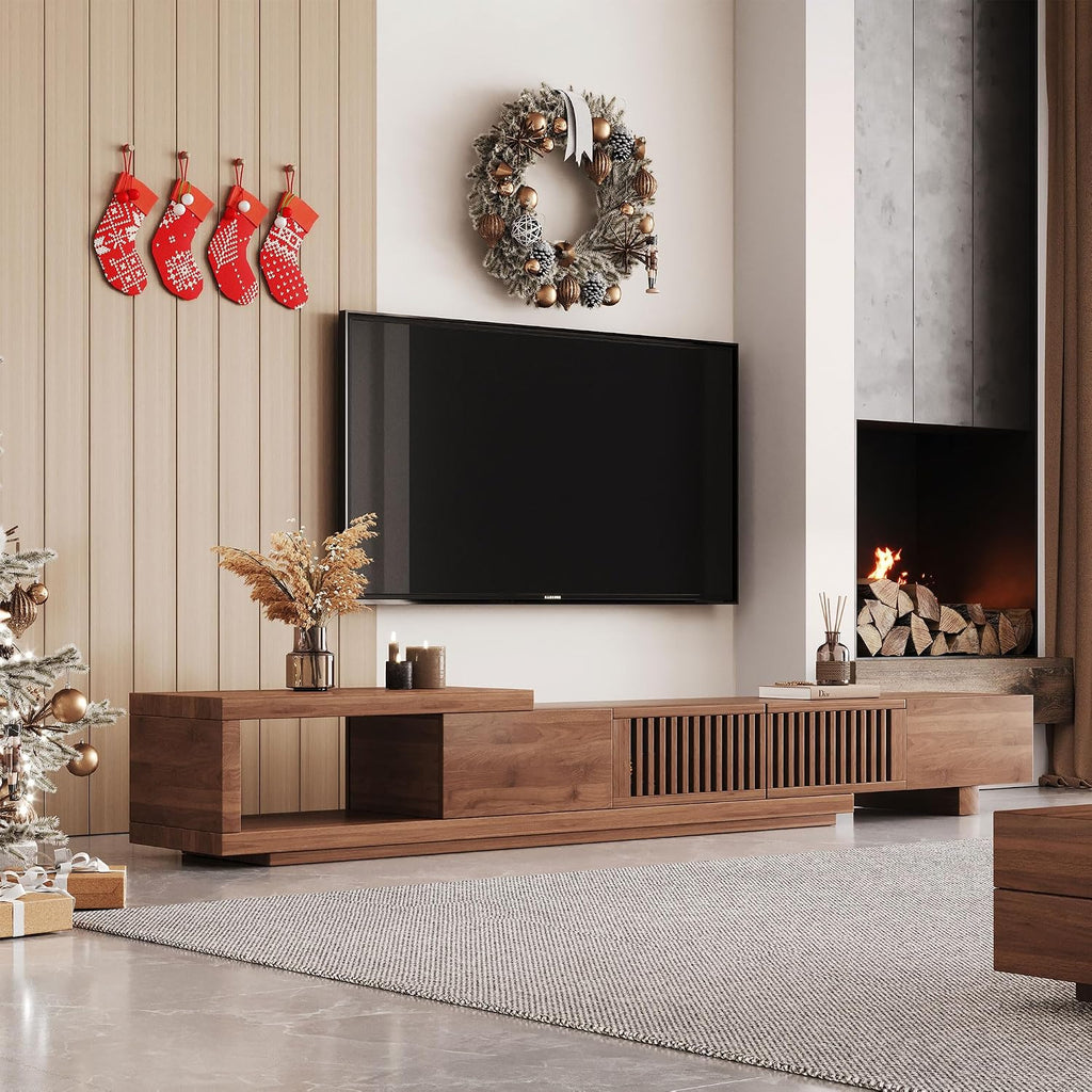 Mid Century Modern TV Stand for 75+ Inch TVs, Extendable Media Console (78'-103') with Ample Storage - Sleek Walnut Entertainment Center for Living Room