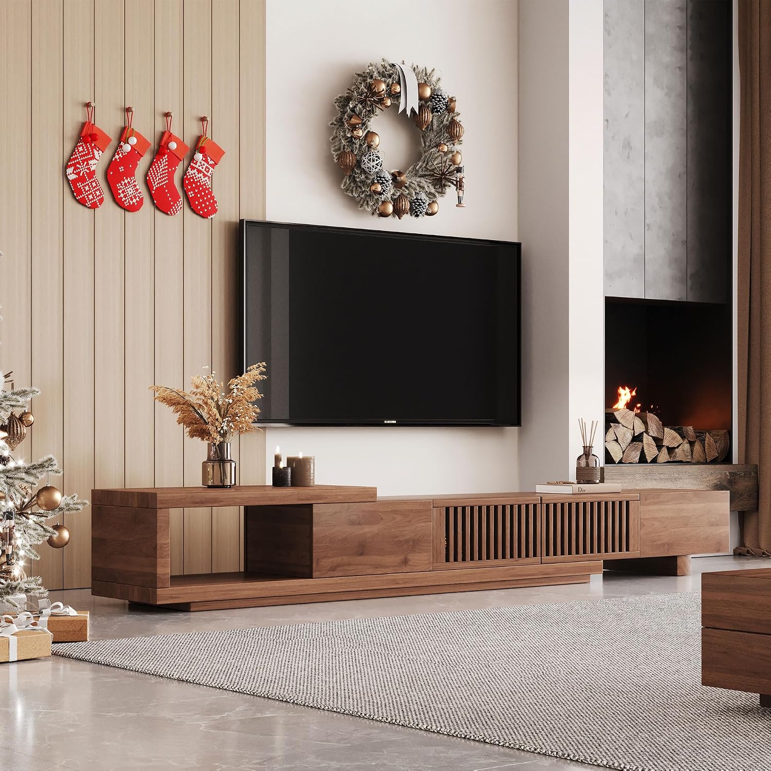 Mid Century Modern TV Stand for 75+ Inch TVs, Extendable Media Console (78'-103') with Ample Storage - Sleek Walnut Entertainment Center for Living Room