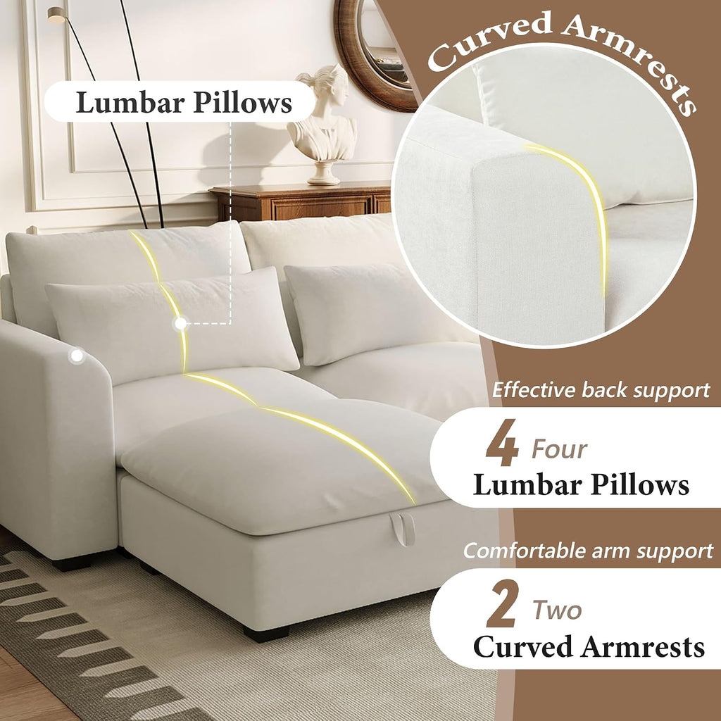 LUMISOL U-Shaped Sectional Sofa with Movable Ottomans, 131.9' Upholstered Modular Sofa Linen Blend Fabric Couch with Storage Ottomans, for Living Room Home Theaters Apartment, Beige
