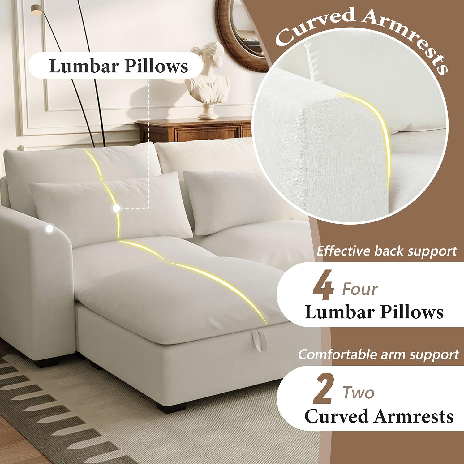 LUMISOL U-Shaped Sectional Sofa with Movable Ottomans, 131.9' Upholstered Modular Sofa Linen Blend Fabric Couch with Storage Ottomans, for Living Room Home Theaters Apartment, Beige