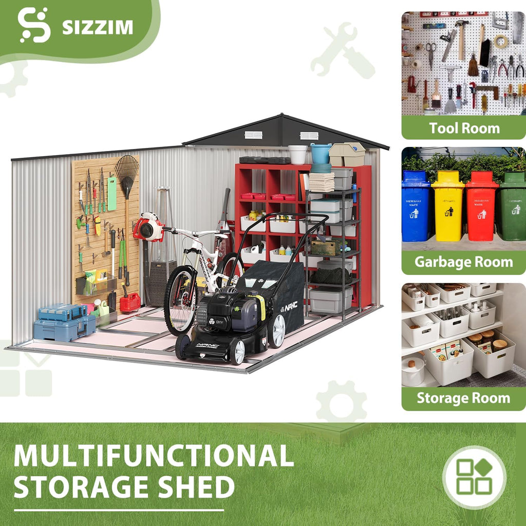 8x12FT A-Frame Metal Shed with Base Included, Brown Outdoor Tool Storage Building, Durable and Weather-Resistant, Perfect for Backyard, Garden, or Lawn
