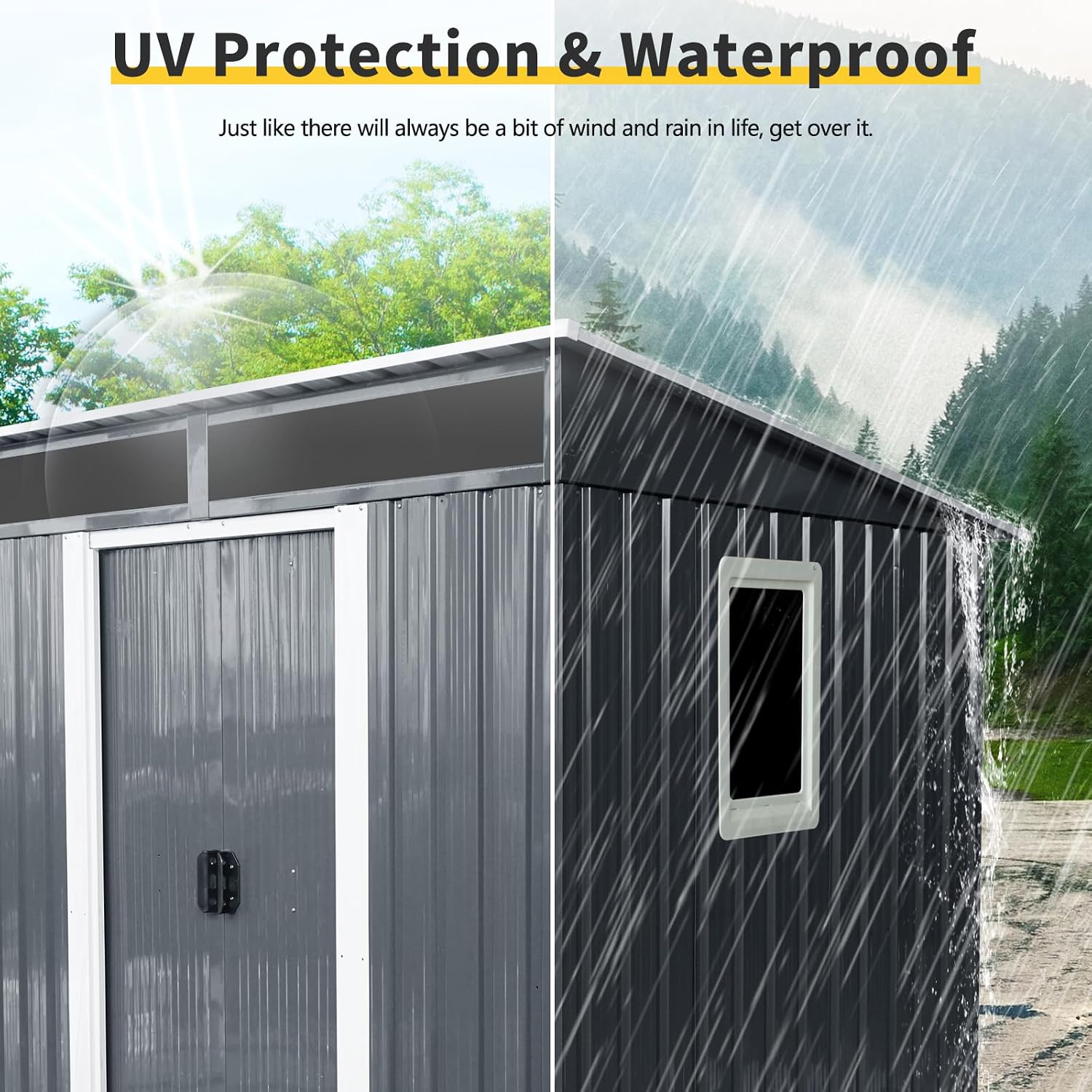 GDFStudio 6ft x 5ft Outdoor Metal Storage Shed with Window and Transparent Roof Panel, Garden Tool House with Metal Foundation, Sliding Doors, Hooks & Accessories Included,Black and White