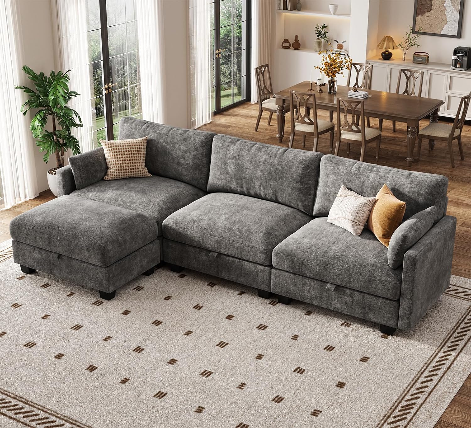 Modular Sectional U Shaped Sofa Couches for Living Room, Cloud Couch with Storage Ottoman, Comfy Chenille Sofa with Pillow, Dark Gray
