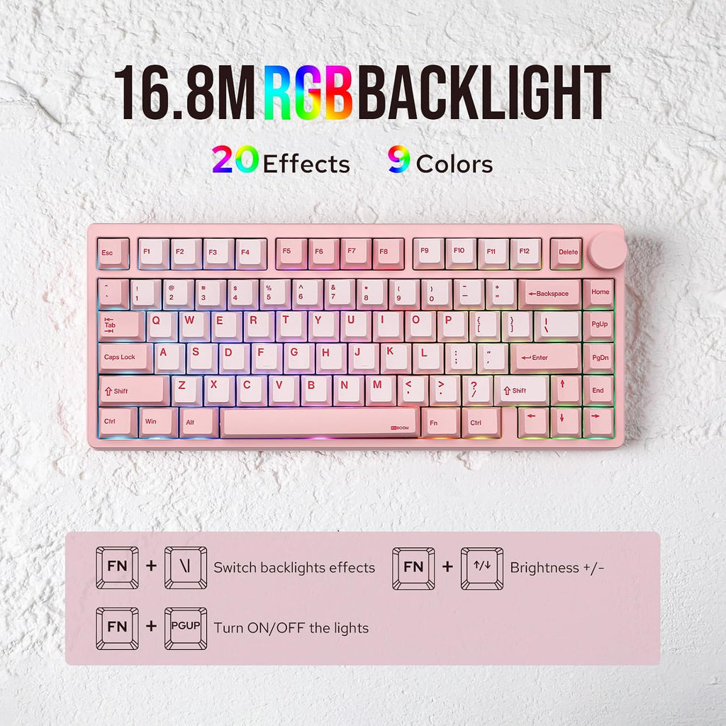 KiiBoom Moonshadow V2 75% Wireless Aluminum Gaming Keyboard, QMK&VIA Programmable, BT5.0/2.4GHz/USB-C, Hot-Swappable Creamy Mechanical Keyboard with FR4 Plate, Knob, 4000mAh Battery (Pink)