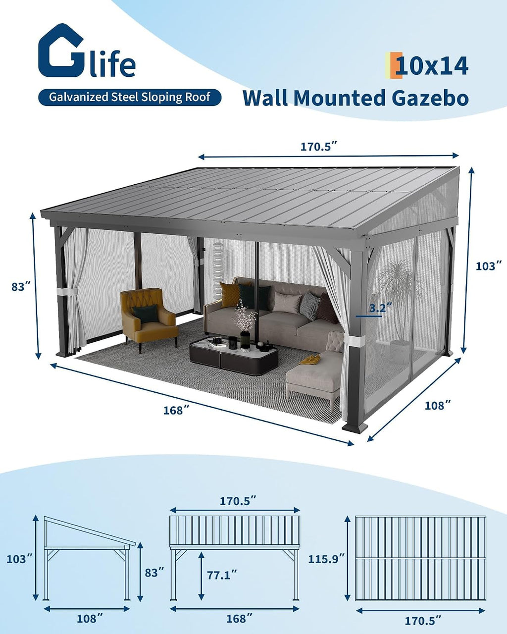 GAOMON 10'X14' Wall-Mounted Lean-to Gazebo – Galvanized Steel Roof with Gutters & Sliding Netting/Curtains, Weather-Resistant Pergola for Patio & Backyard