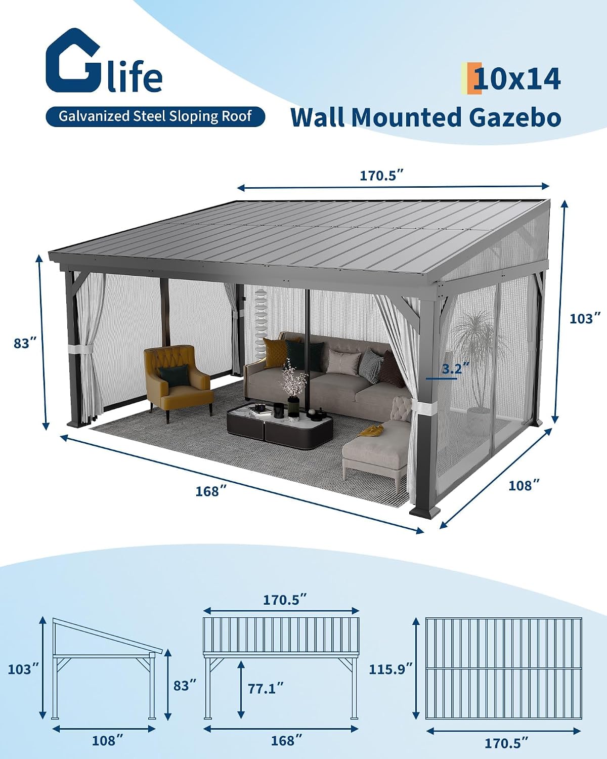 GAOMON 10'X14' Wall-Mounted Lean-to Gazebo – Galvanized Steel Roof with Gutters & Sliding Netting/Curtains, Weather-Resistant Pergola for Patio & Backyard