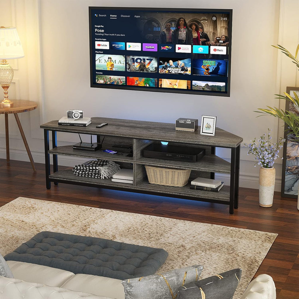 Unikito Corner TV Stand with Power Outlet, Corner Entertainment Center Media TV Console Table with 4 Open Storage Cabinet Shelve Wood TV Stand for Living Room for 55 inch TV, Gray Oak
