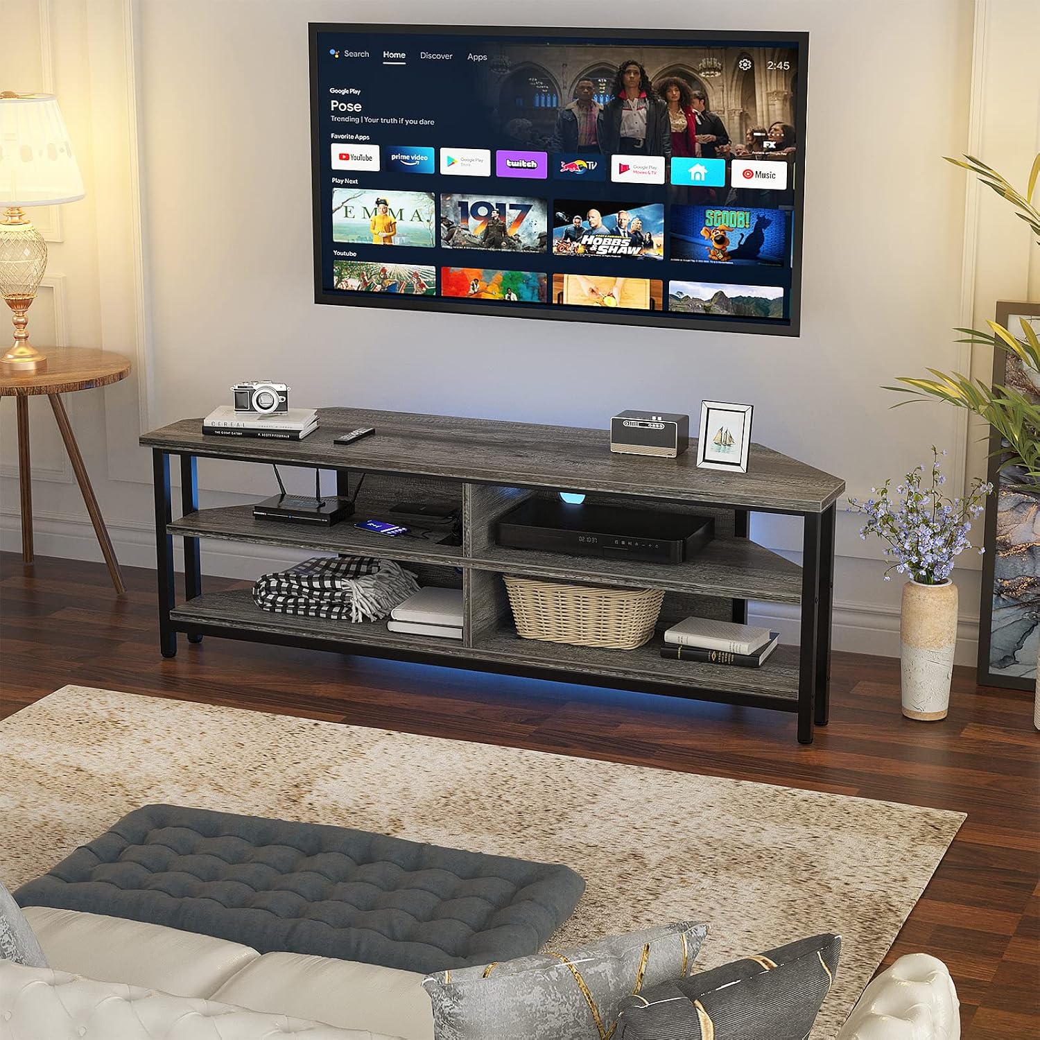 Unikito Corner TV Stand with Power Outlet, Corner Entertainment Center Media TV Console Table with 4 Open Storage Cabinet Shelve Wood TV Stand for Living Room for 55 inch TV, Gray Oak