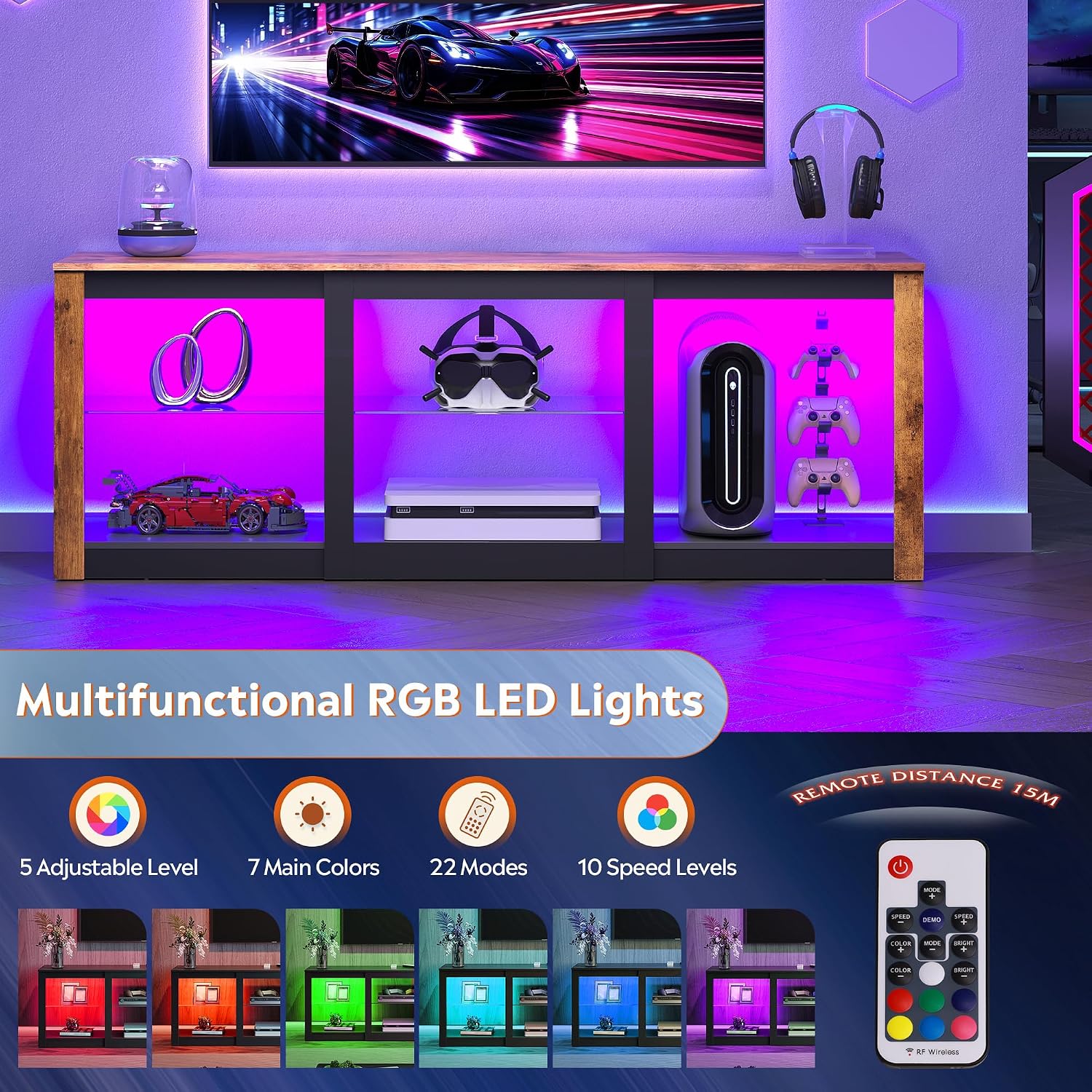 WLIVE Modern LED TV Stand for 65 70 Inch TV, 58' Entertainment Center with Adjustable Glass Shelves & RGB Lights, Wood Media Console Table for Living Room, Bedroom, Gaming Room, Rustic Brown