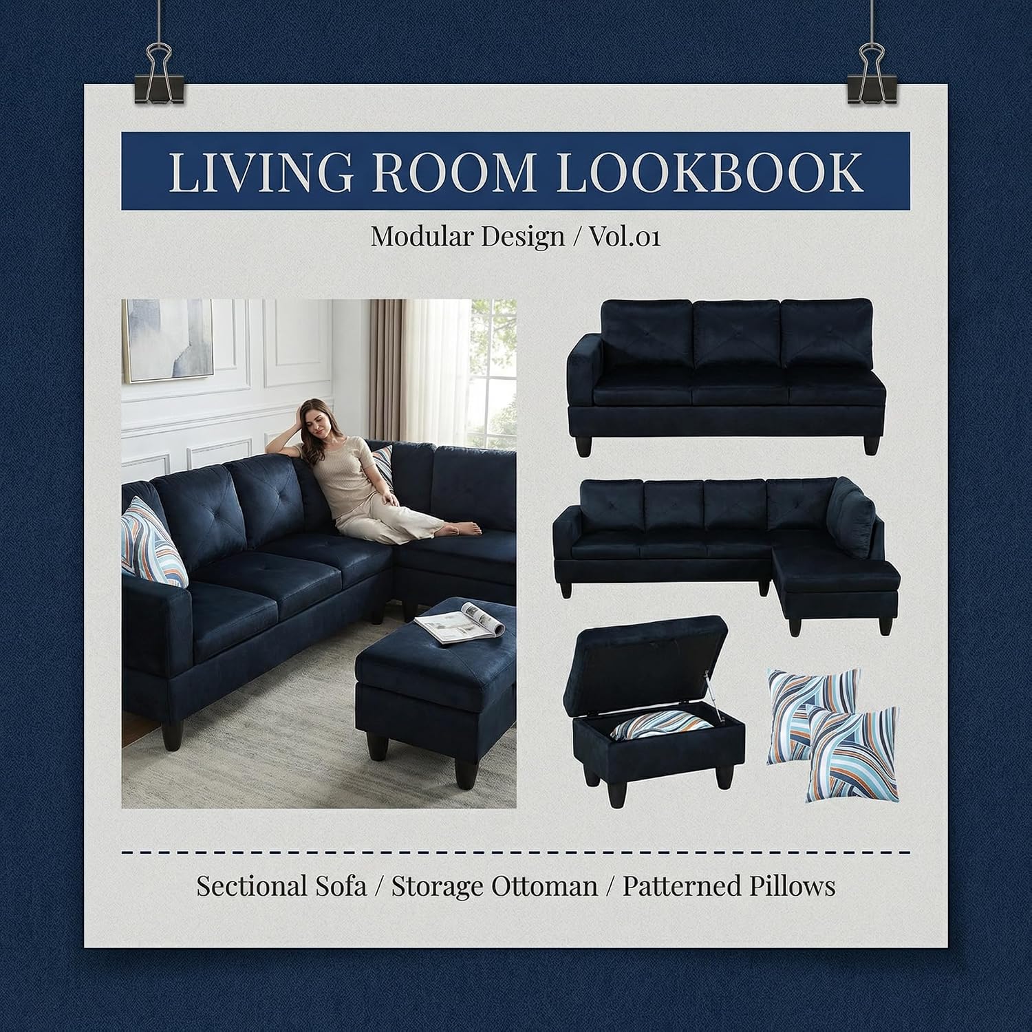 97' L Shaped Couch Set Velvet, Modular Sectional Couches for Living Room with Storage Ottoman, 4 Seat Home Sofa Living Room Furniture Sets with Chaise for Apartment Office (Blue Black)