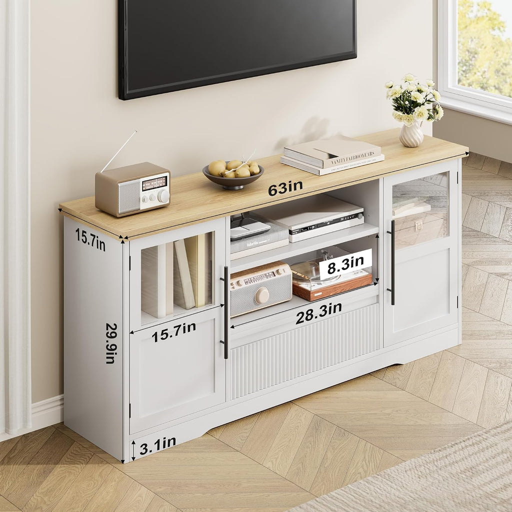 GarveeHome TV Stand, 72 in Wave Pattern Entertainment Center with 2 Glass Door Cabinets, Farmhouse TV Media Console with Open Storage Compartments for Living Room, White & Natural