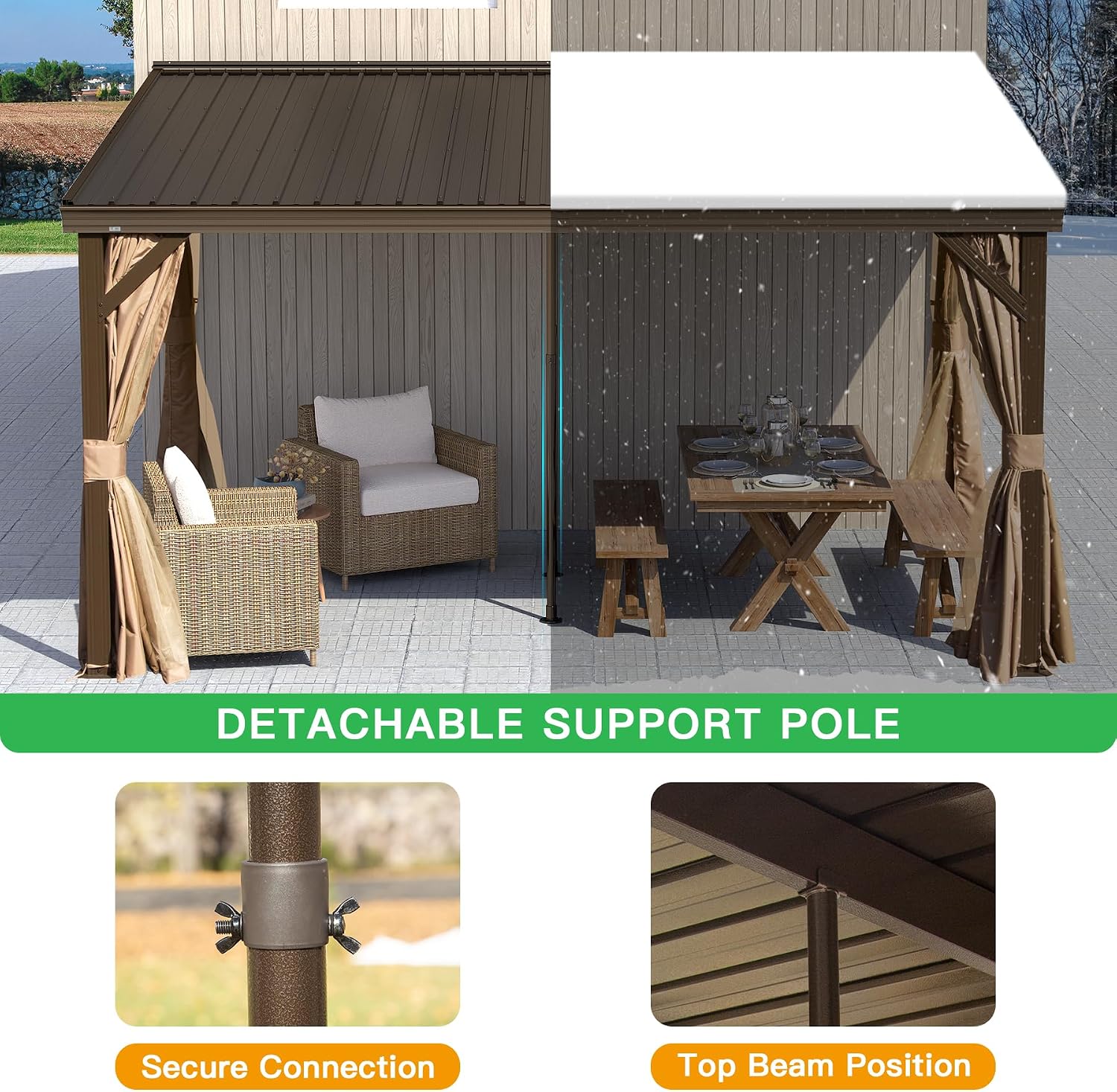 Domi 10x14FT Lean to Gazebo, Aluminum Wall Mounted Gazebo with Sloping Galvanized Steel Roof, Curtains and Netting, Outdoor Hardtop Shelter Pergola for Patio, Deck, Garden, Backyard