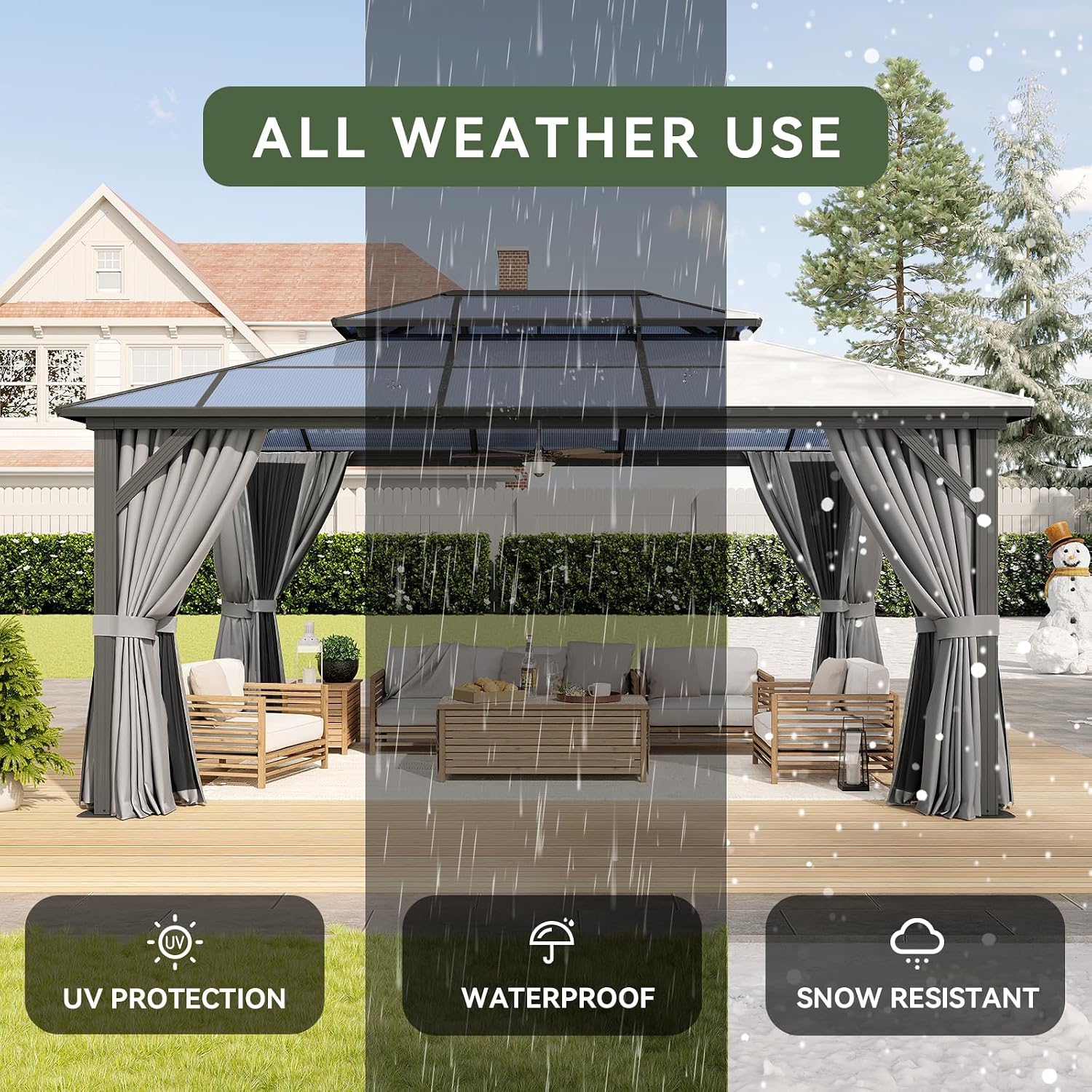 Aoxun 12x16FT Hardtop Gazebo, Aluminum Frame Permanent Pavilion with Curtains and Netting, Outdoor Polycarbonate Double Roof Canopy, Designed for Garden, Lawns, Patio
