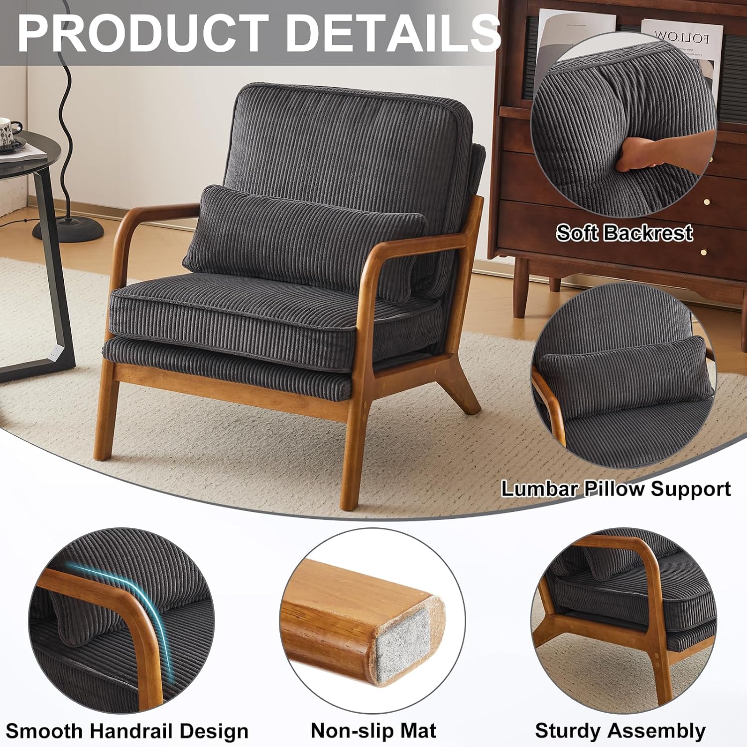 Karl home Mid-Century Modern Accent Chair, Living Room Chairs with Pillow Corduroy Upholstered Lounge Armchair with Solid Wood Frame & Soft Cushion for Bedroom, Reading Room, Dark Gray