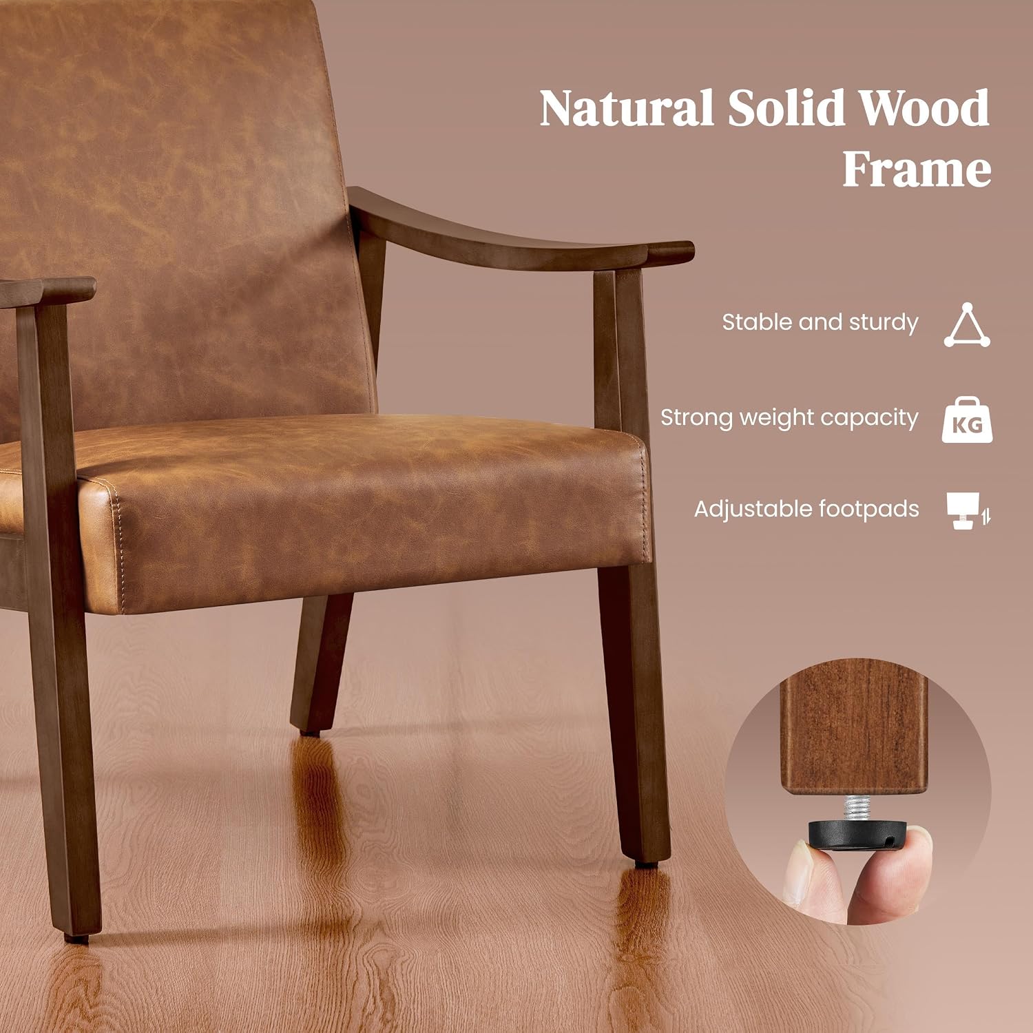 Yaheetech PU Leather Accent Chair, Mid-Century Modern Armchair with Solid Wood Legs, Reading Leisure Chair with High Back for Living Room Bedroom Waiting Room, Set of 2, Brown