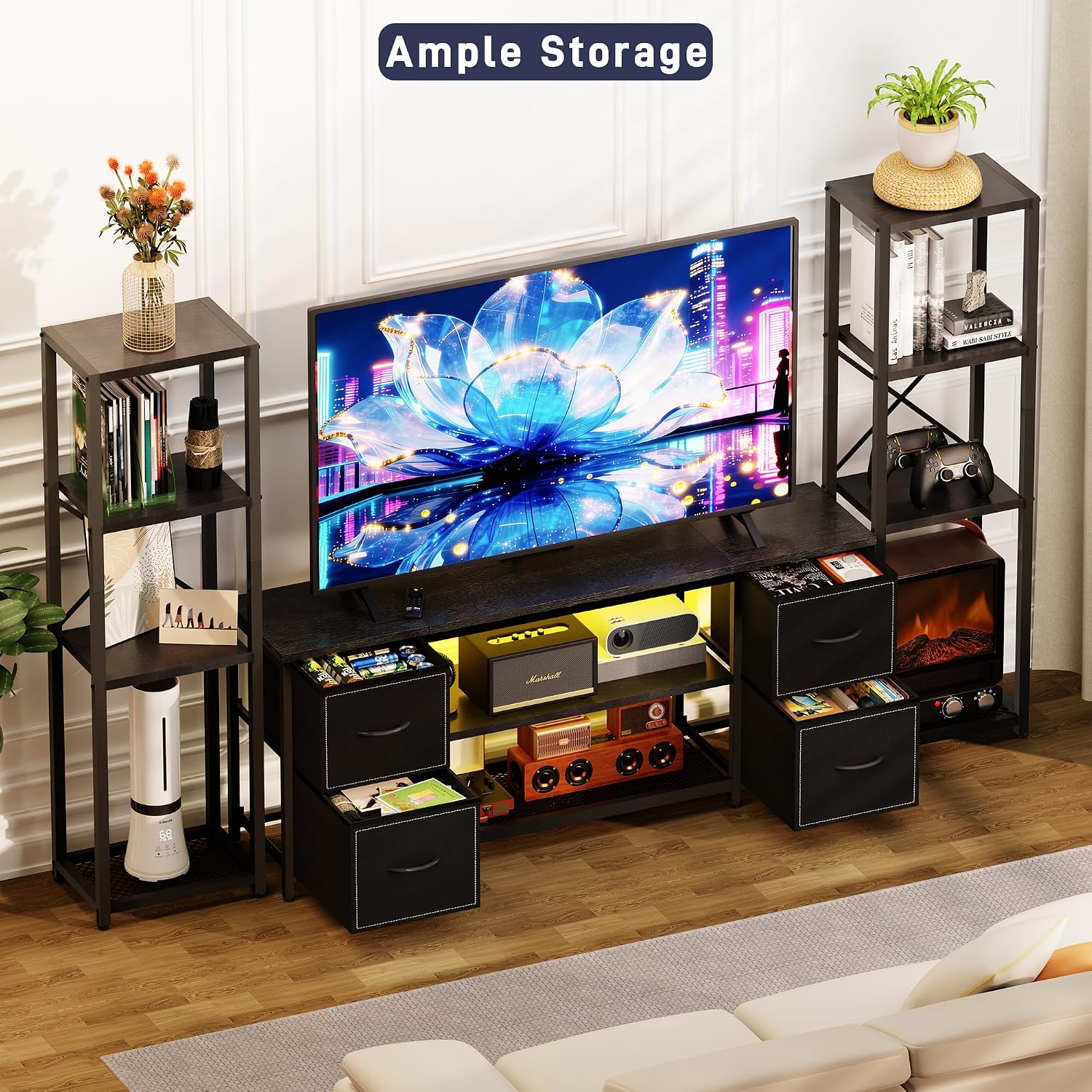 Yenlure LED TV Stand Bookshelf Combo with Charging Station for 65 60 55 Inch TV, Entertainment Center with Lights & Drawers, Industrial Media TV Console Table for Living Room Bedroom Office, Black