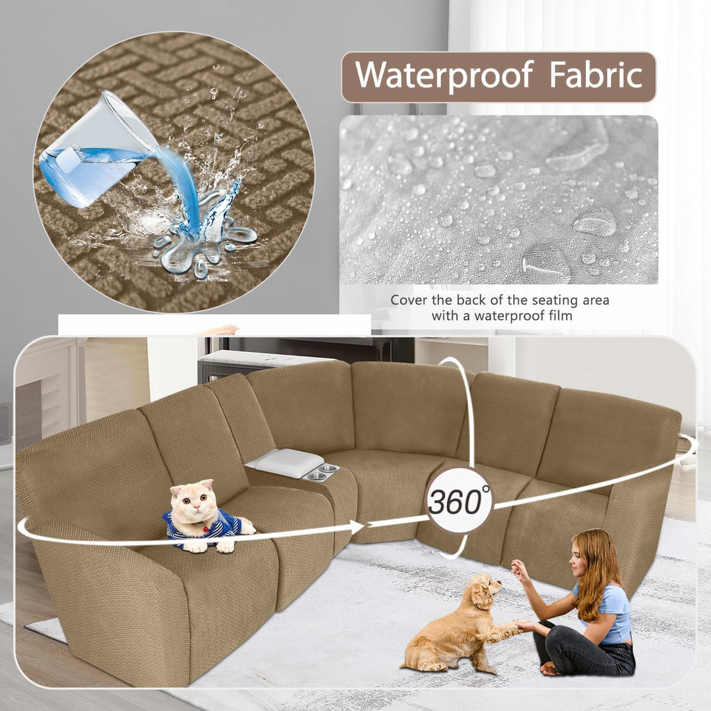 ALIECOM 100% Waterproof Recliner Sectional Couch Covers L Shape Stretch Corner Reclining Sectional Sofa Cover Washable Recliner Slipcover Protector for Dog Pet (5 Seat and 1 Console, Camel)