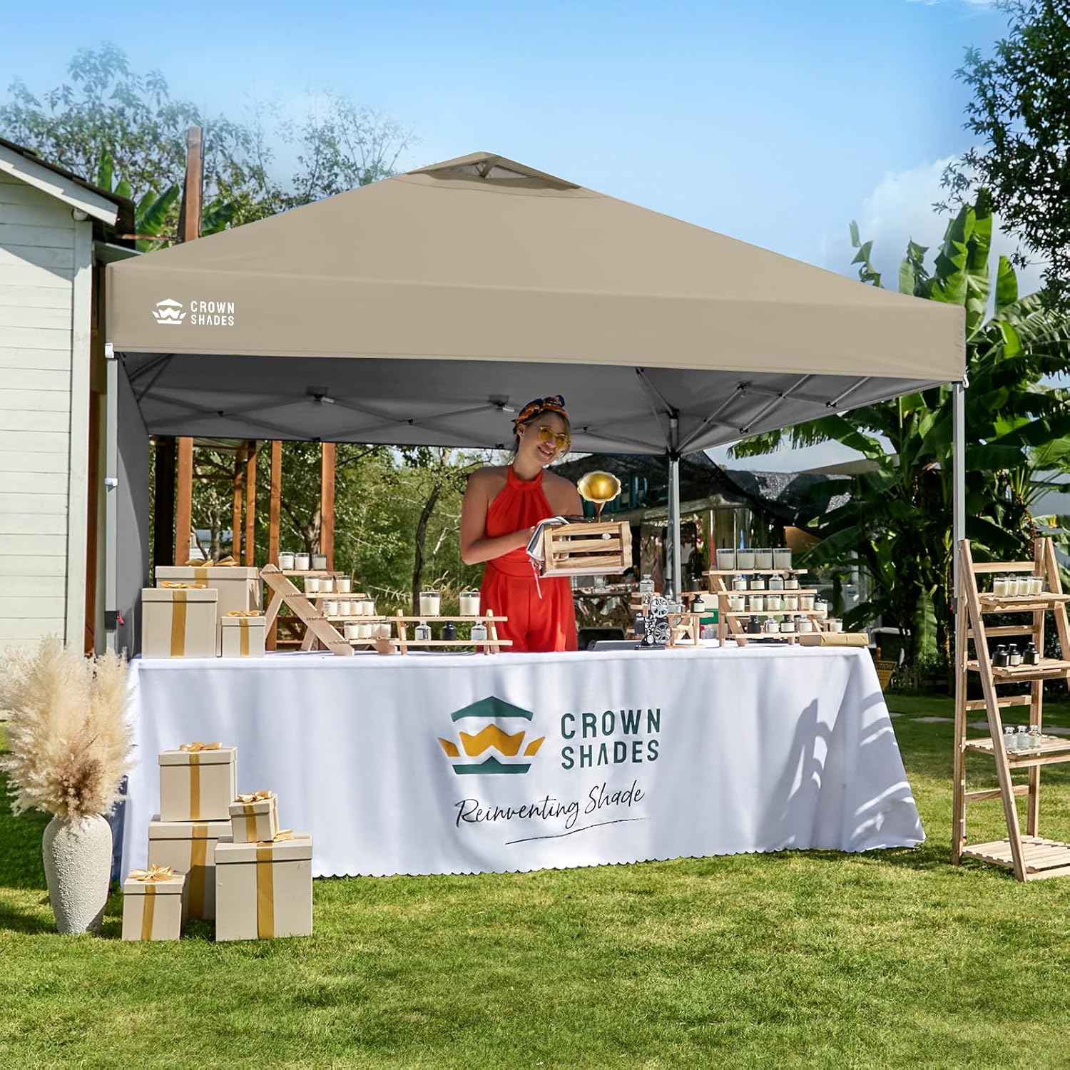 CROWN SHADES 10x10 Pop Up Canopy with 1 Side Wall - Beach Tent with One Push Setup - Outdoor Sun Shade for Events, Parties, Camping - Gazebo with STO-N-Go Cover Bag (Beige)