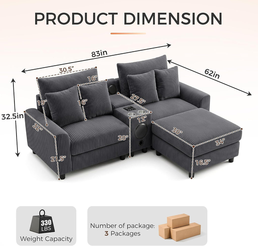 MAKIAAP 83' Corduroy Sectional Modular Couch with Speakers, Comfy Deep Seat Loveseat Sofa with Movable Ottoman, Console, USB Charger, Cup Holders, Storage for Living Room (Gray, 83in)