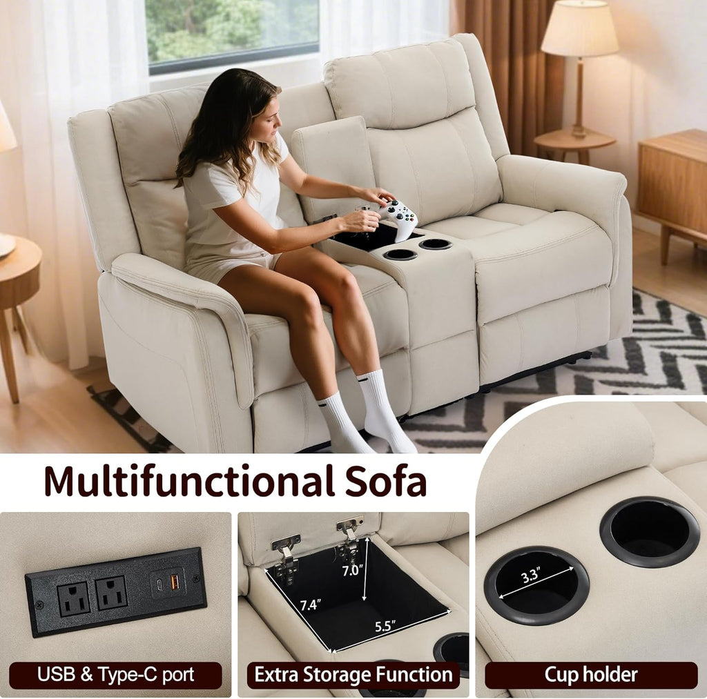 Korser Loveseat Recliner Sofa, Reclining Loveseat Couch, Reclining Couch with Console, USB Port, US Outlets, and Cup Holders, 2-Seater Sofa for Living Room (2-Seater, Khaki)