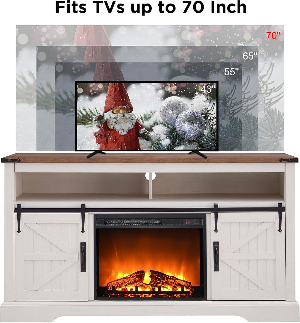 OKD Fireplace TV Stand for 65+ Inch TV, 33' Tall Highboy Farmhouse Entertainment Center w/ 23'' Electric Fireplace, Rustic Media Console w/Sliding Barn Door for Living Room, Antique White
