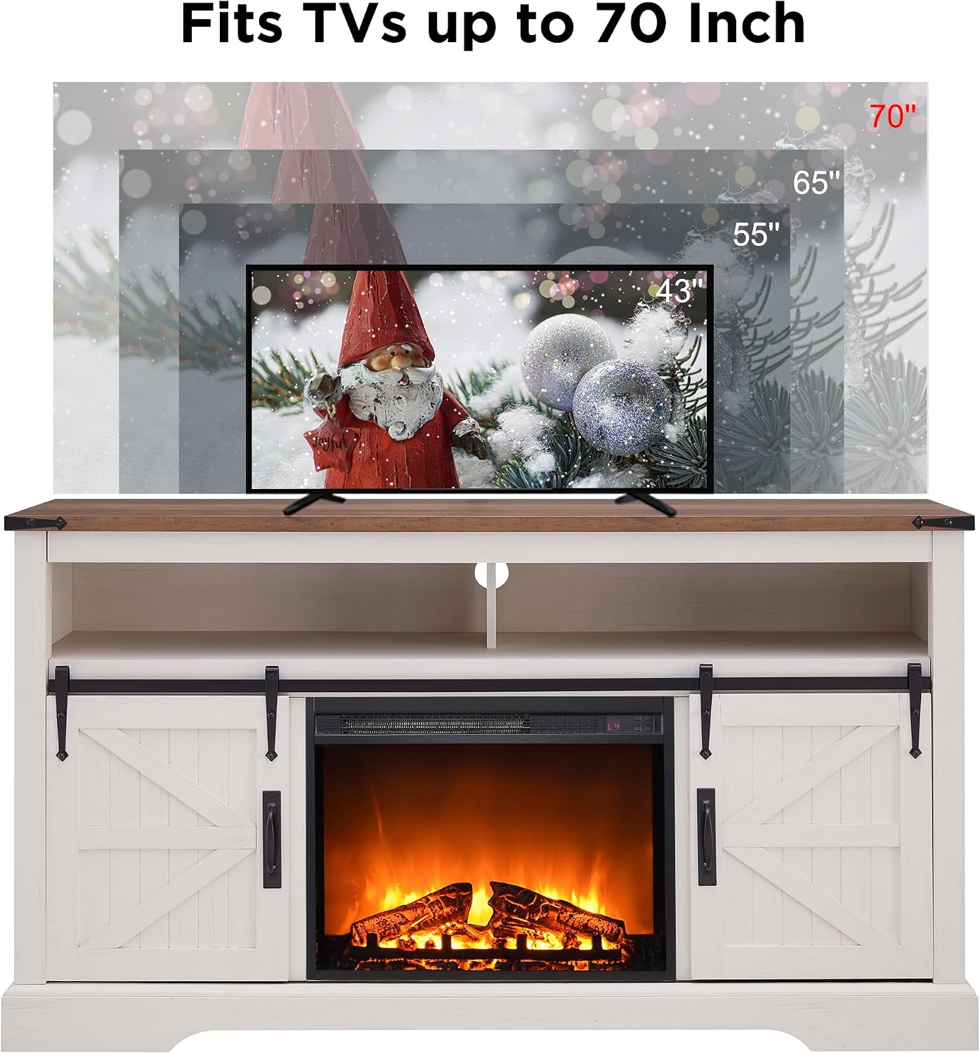 OKD Fireplace TV Stand for 65+ Inch TV, 33' Tall Highboy Farmhouse Entertainment Center w/ 23'' Electric Fireplace, Rustic Media Console w/Sliding Barn Door for Living Room, Antique White
