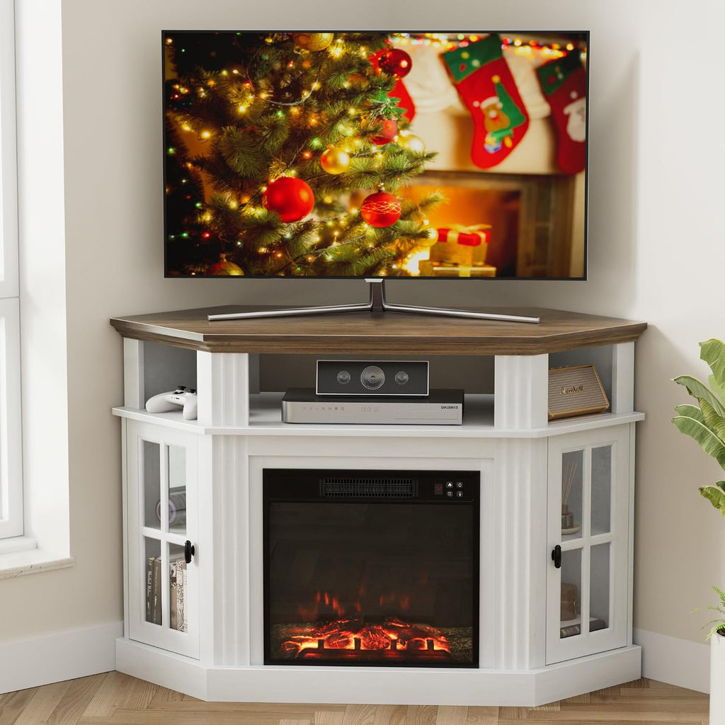 Furmax Fireplace Corner TV Stand for Up to 55 Inch, Modern Console with 18 Inch Electric Fireplace, Entertainment Center with Open Shelf and Storage Cabinets for Living Room (Antique White)