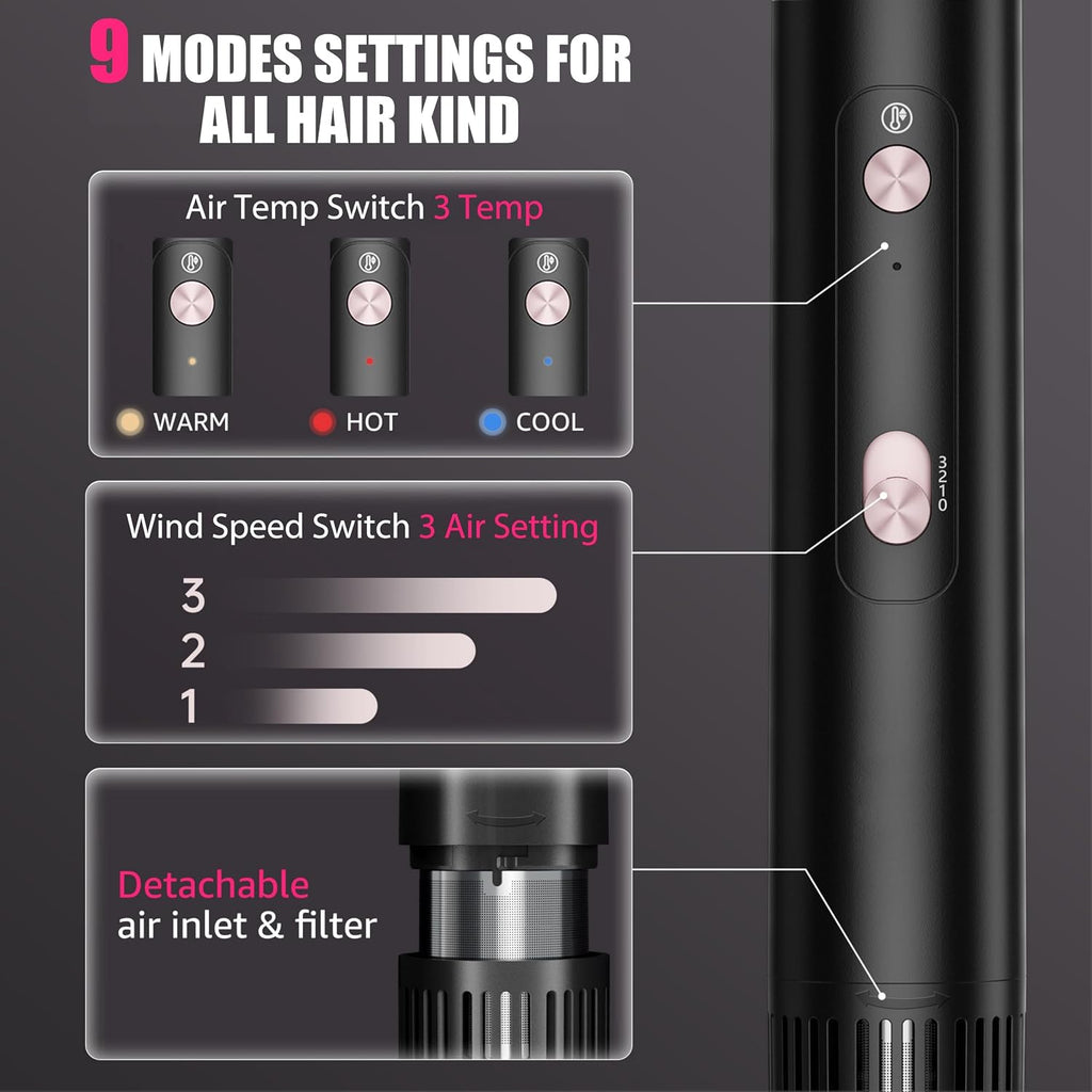 SKIMI 110,000 RPM Brushless Motor Hair Dryer Brush - 5 Multi-Styler for Fast Drying, Curling, Volumizing & Straightening | High-Speed Hot Air Brush for All Hair Types (Black & Rose Gold)