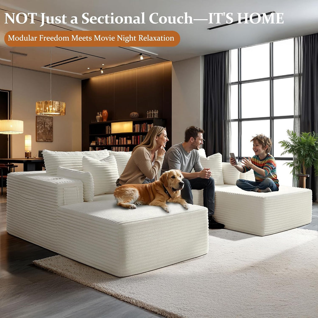 108' Cloud Sectional Couch, Comfort U Shaped Sofa for Living Room, Extra Deep Seats No Assembly, Minimalist Modular Couch, Corduroy (Cream, 2 Seater+Left Facing Chaise+Ottoman)