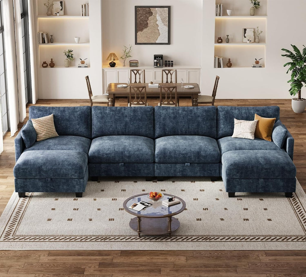 Modular Sectional U Shaped Sofa Couches for Living Room, Cloud Couch with Storage Ottoman, Comfy Chenille Sofa with Pillow, Blue