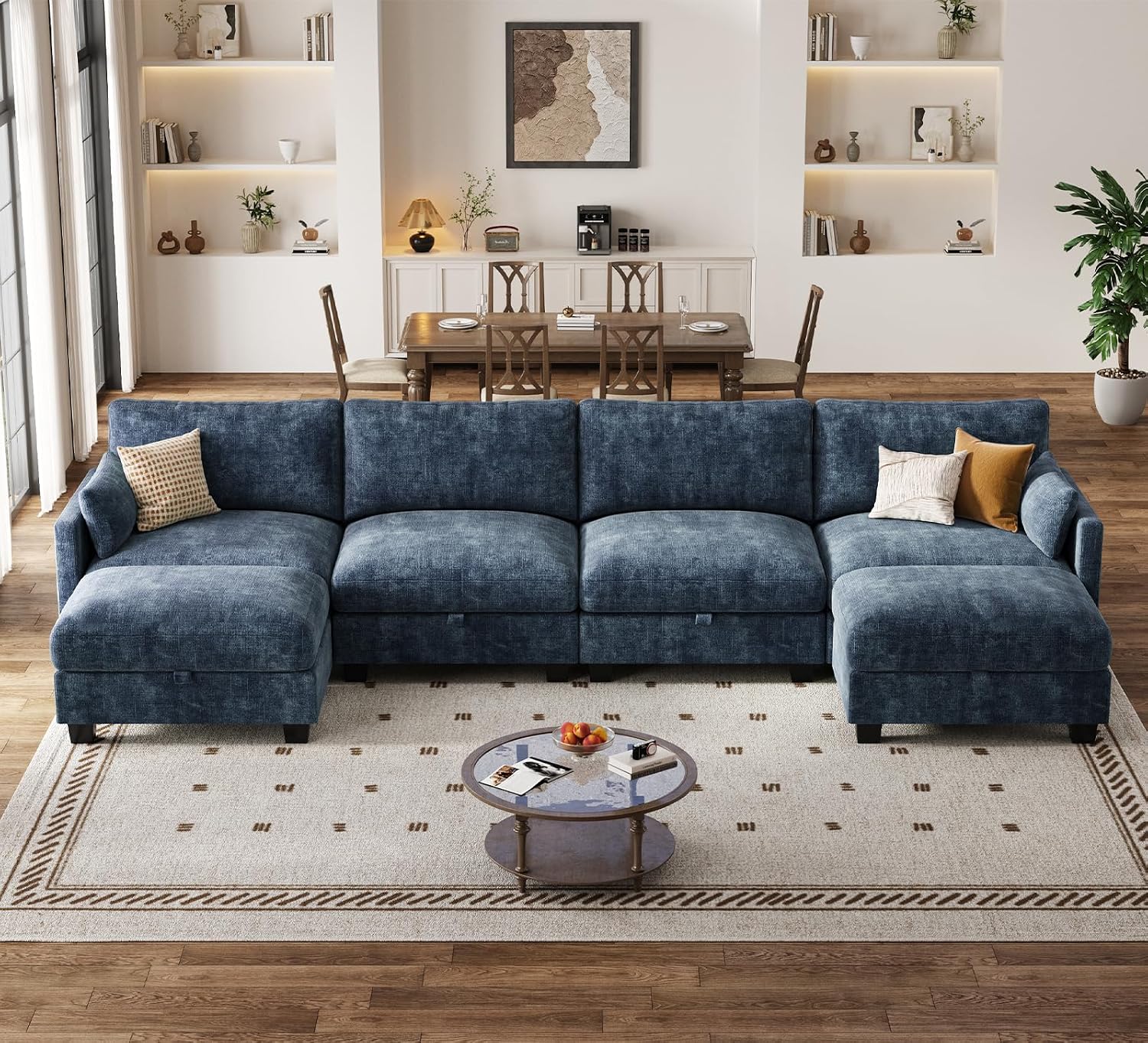 Modular Sectional U Shaped Sofa Couches for Living Room, Cloud Couch with Storage Ottoman, Comfy Chenille Sofa with Pillow, Blue