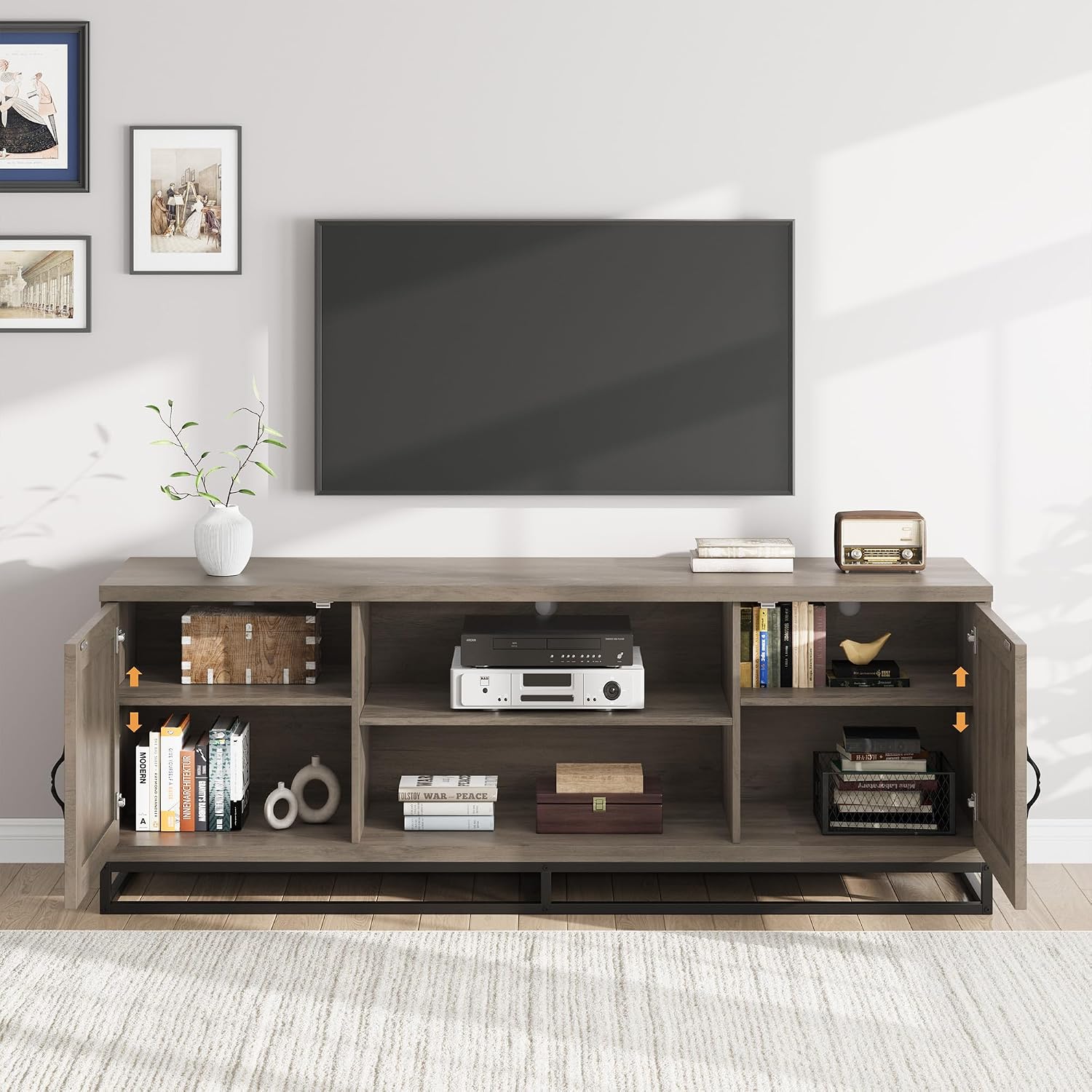 IDEALHOUSE Farmhouse TV Stand for Living Room, Entertainment Center with 2-Tier Adjustable Shelves & Metal Leg, Wooden TV & Media Console Table for 75 Inch with Storage Compartments, Gray